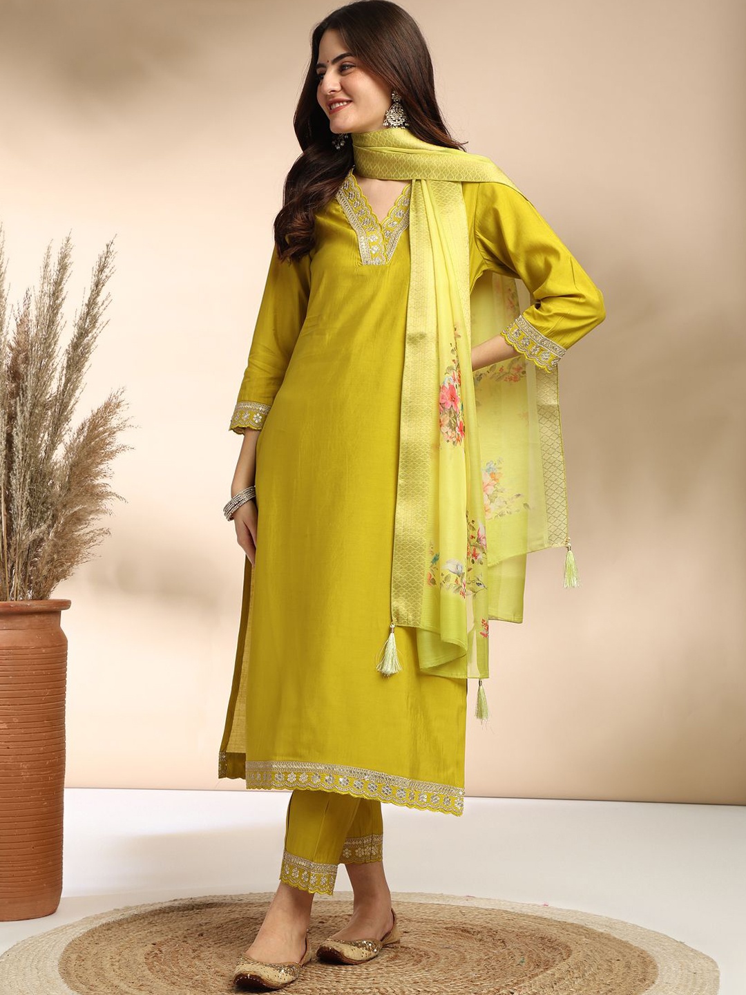 

MOKOSH Embroidered Sequinned Straight Kurta With Trouser And Dupatta, Lime green