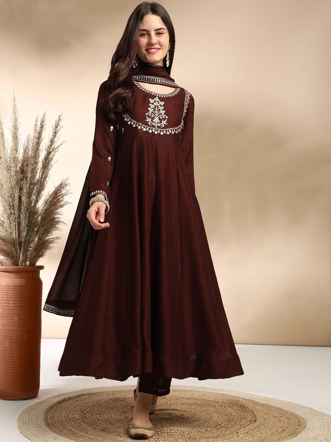 

MOKOSH Floral Embroidered Anarkali Kurta With Trousers & Dupatta, Brown