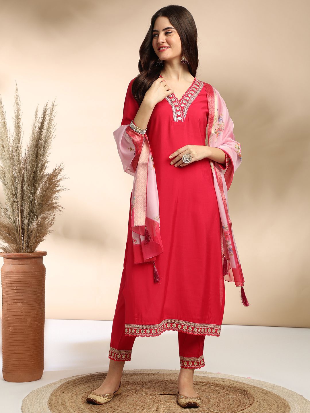 

MOKOSH Sequinned Straight Kurta With Trouser And Dupatta, Pink