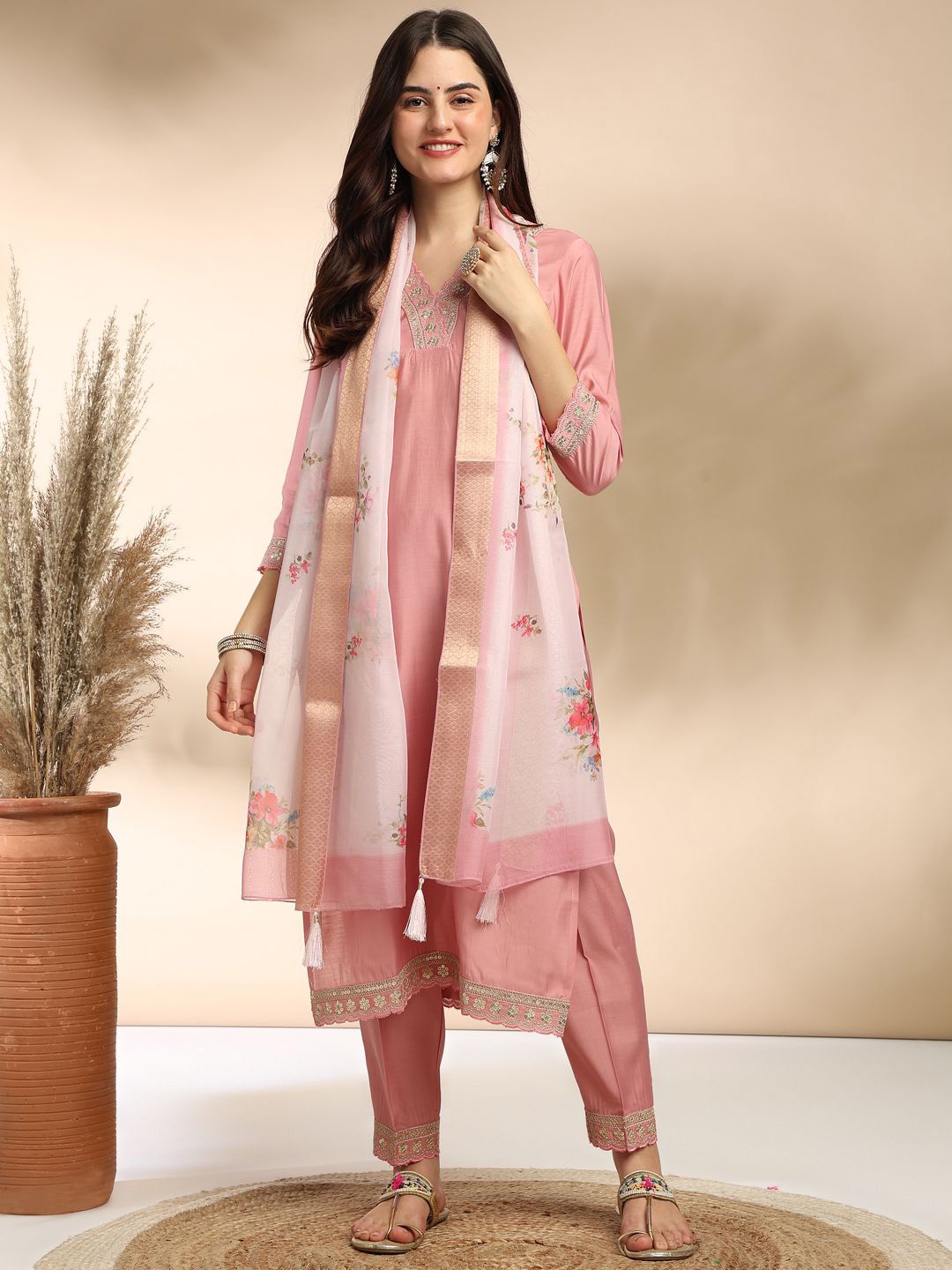 

MOKOSH Sequinned Embellished V-Neck Straight Kurta with Trousers And Dupatta, Pink