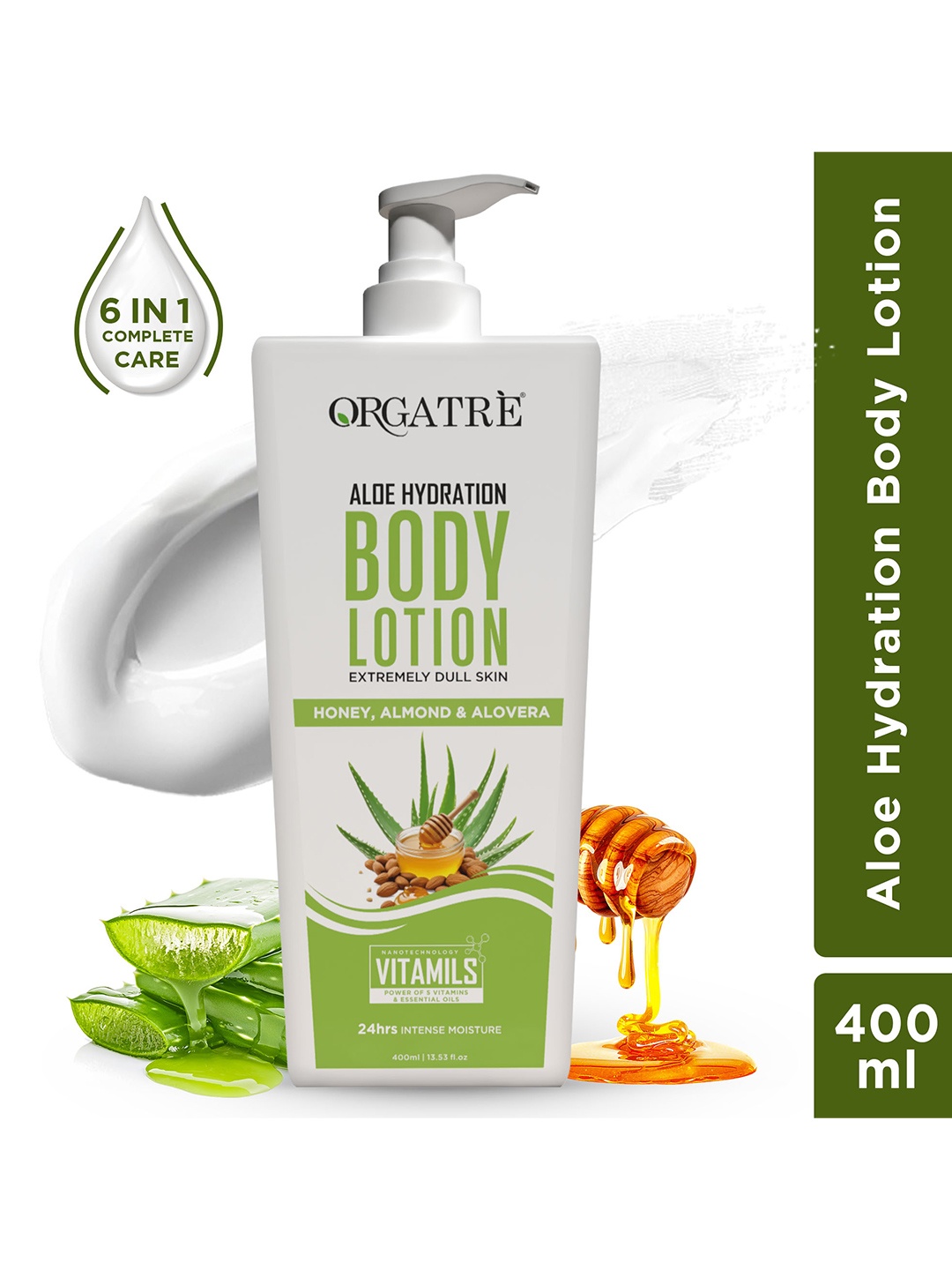 

Orgatre Aloe Hydration 6 In 1 Body Lotion With Honey & Almond - 400 ml, White