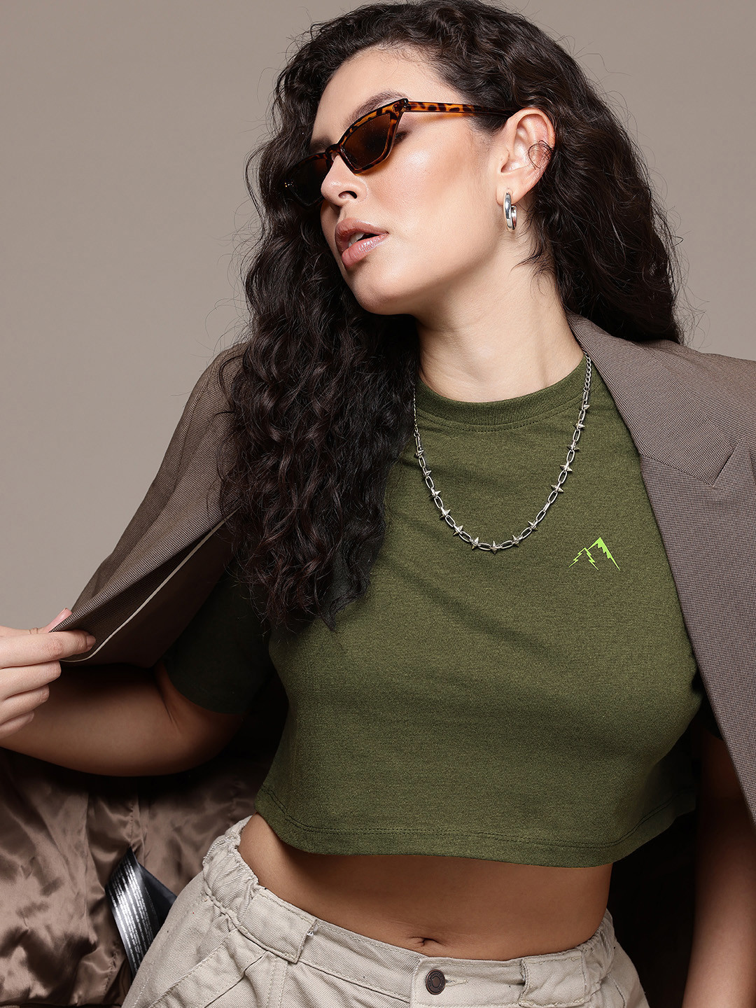 

The Roadster Life Co. Drop-Shoulder Sleeves Boxy Crop T-shirt, Olive