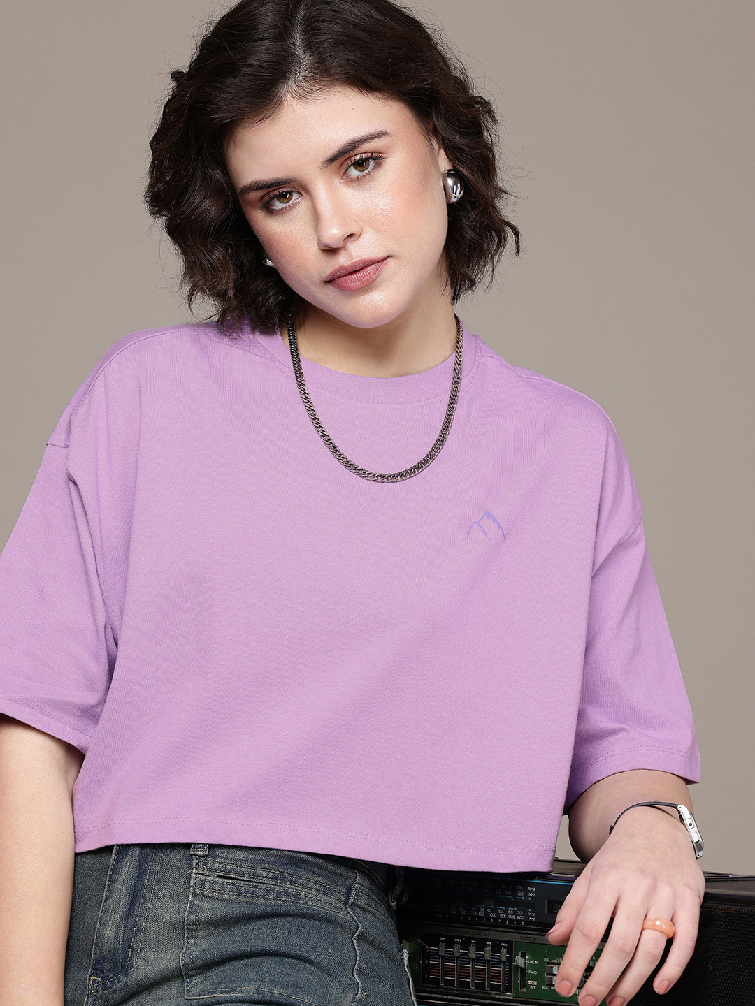 

The Roadster Life Co. Drop-Shoulder Sleeves Pure Cotton Boxy Crop T-shirt, Lavender