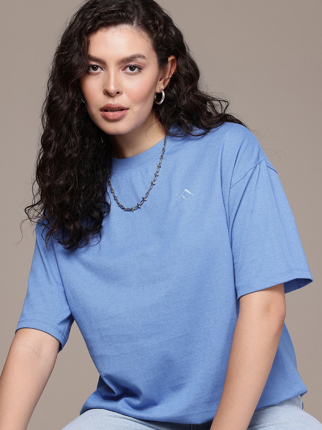 

The Roadster Life Co. Round Neck Drop-Shoulder Sleeves Oversized T-shirt, Blue