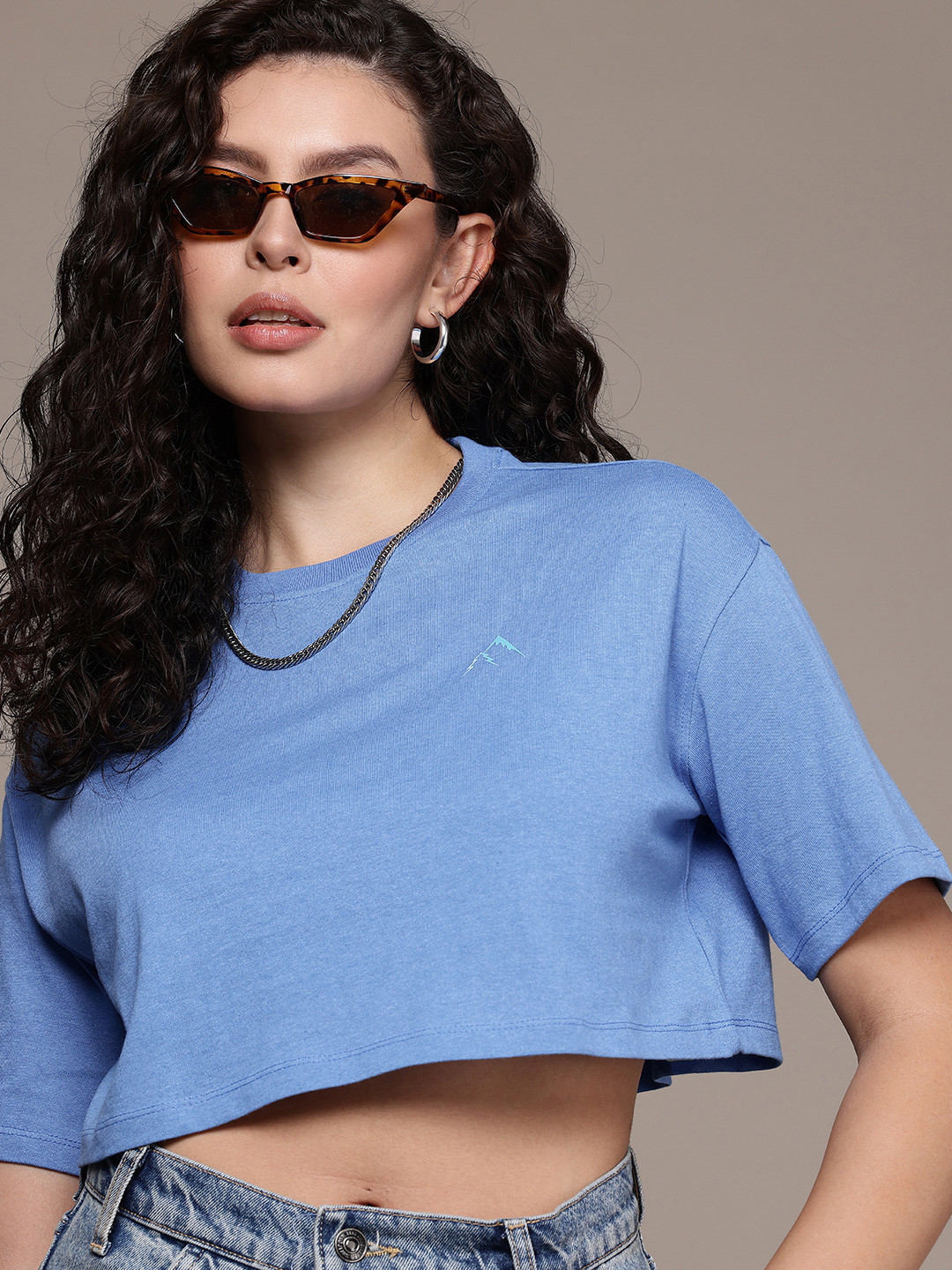 

The Roadster Life Co. Drop-Shoulder Sleeves Boxy Crop T-shirt, Blue