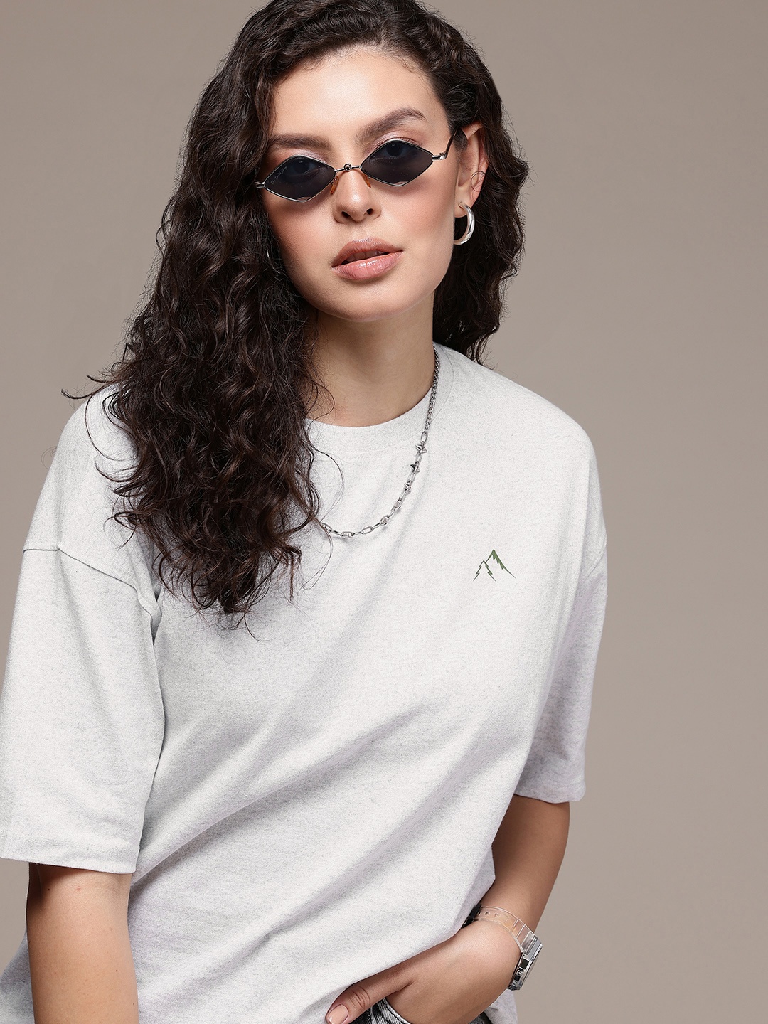 

The Roadster Life Co. Drop-Shoulder Sleeves Oversized T-shirt, Grey melange