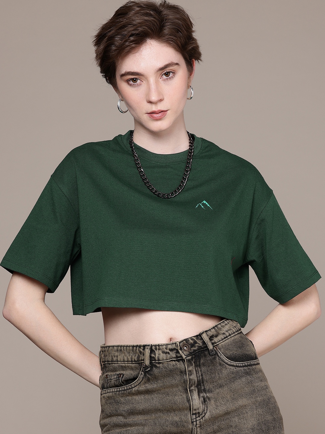 

The Roadster Life Co. Drop-Shoulder Sleeves Oversized Crop T-shirt, Green