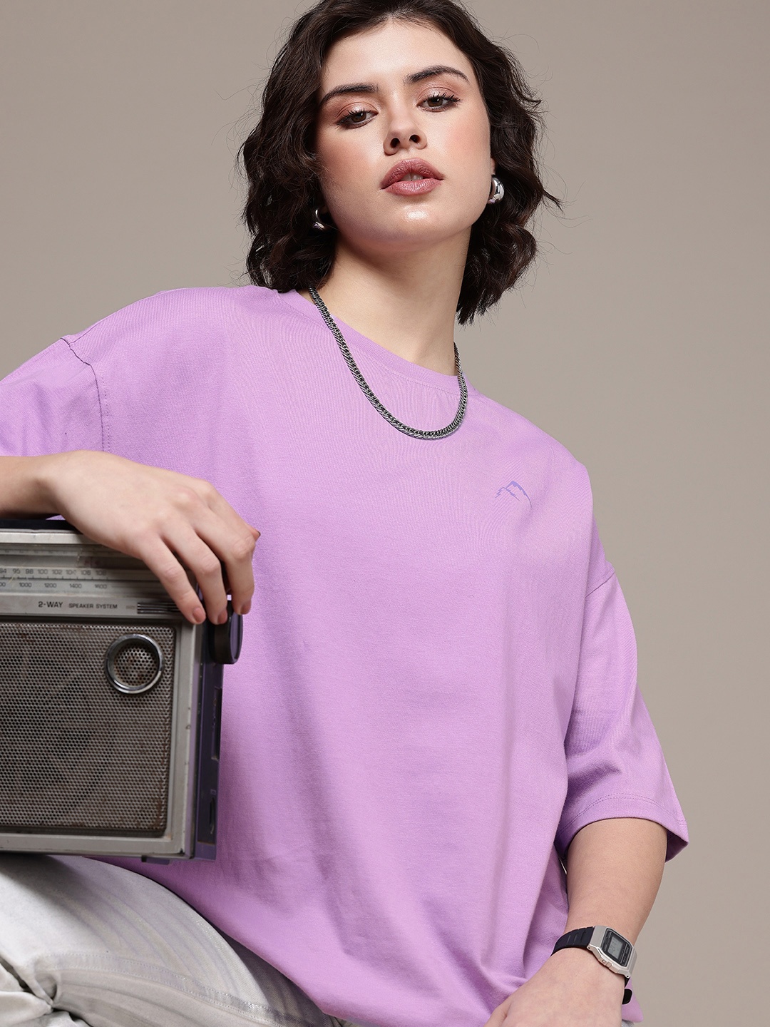 The Roadster Life Co. Drop-Shoulder Sleeves Oversized Pure Cotton T-shirt, Lavender
