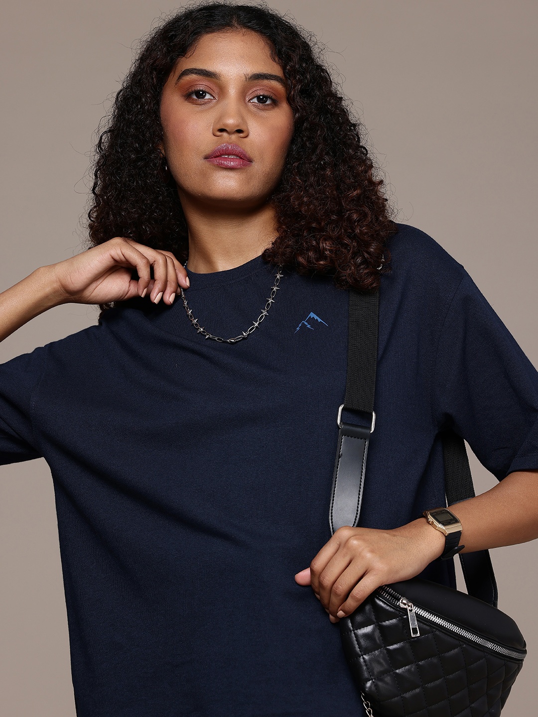 The Roadster Life Co. Drop-Shoulder Sleeves Oversized T-shirt, Navy blue
