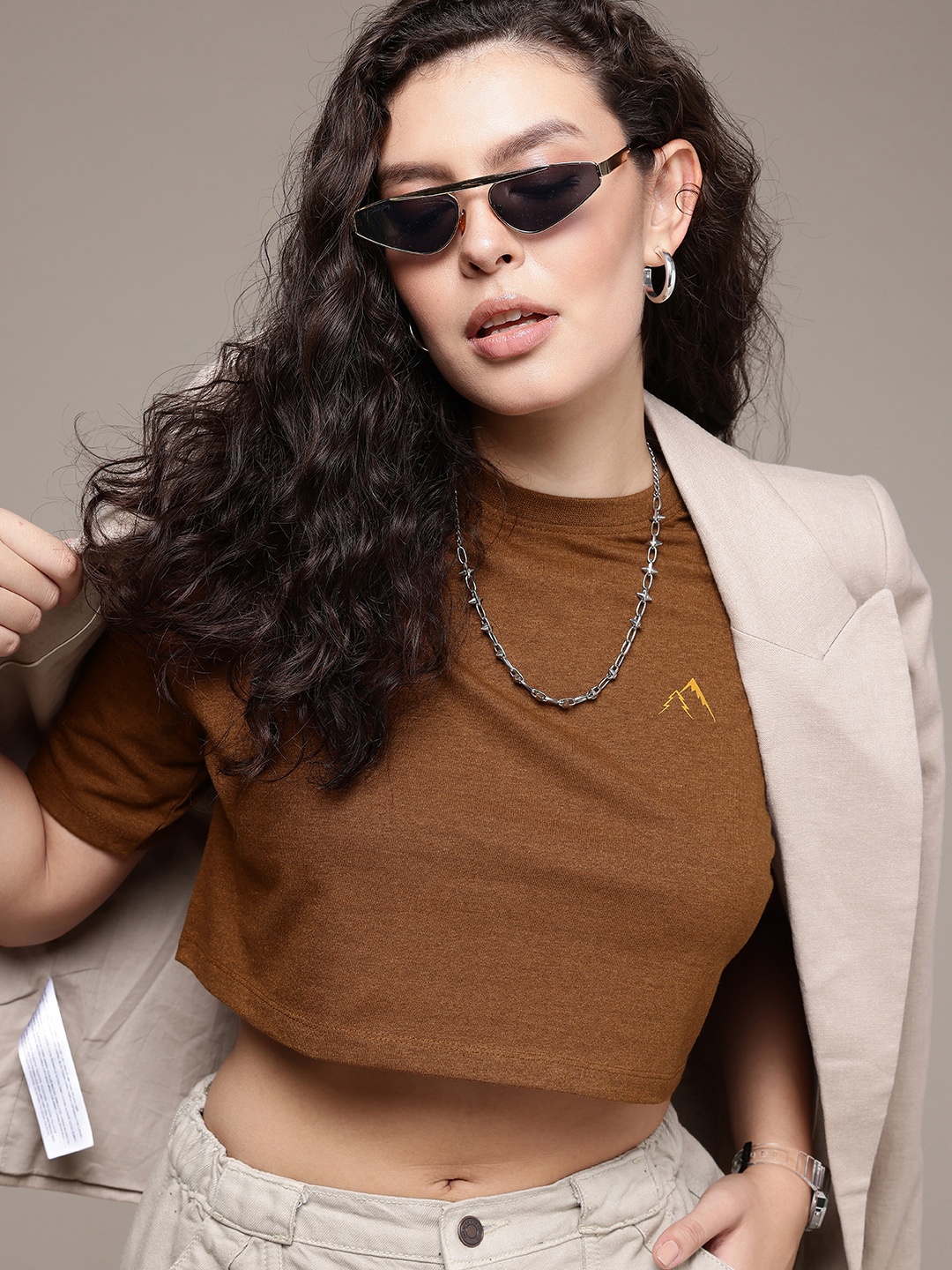 

The Roadster Life Co. Drop-Shoulder Sleeves Boxy Crop T-shirt, Brown