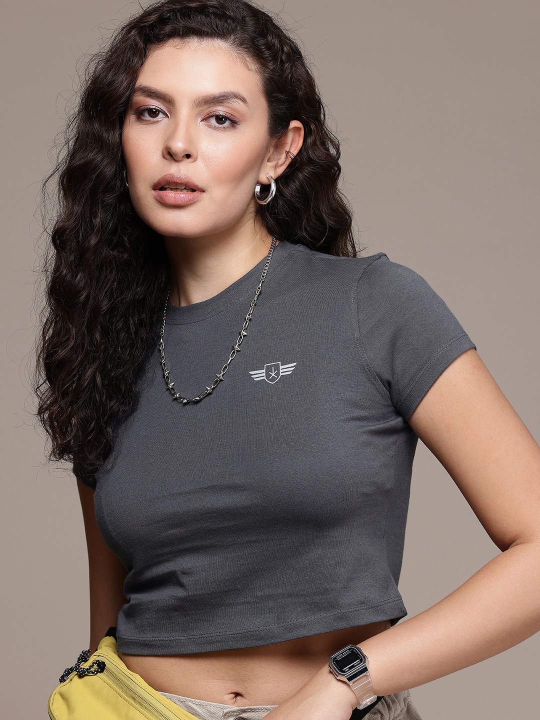 

The Roadster Life Co. Pure Cotton Crop T-shirt, Grey