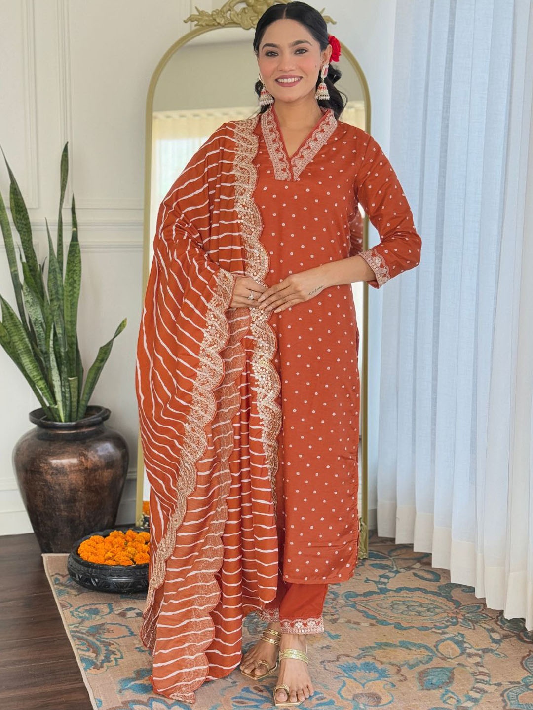 

KALINI Bandhani Sequinned Printed Straight Kurta With Trouser And Dupatta, Orange