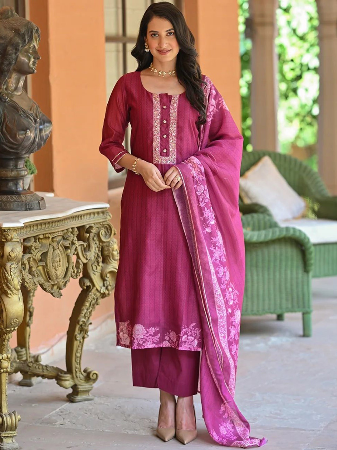 

KALINI Chevron Sequinned Printed Straight Kurta With Trouser And Dupatta, Pink