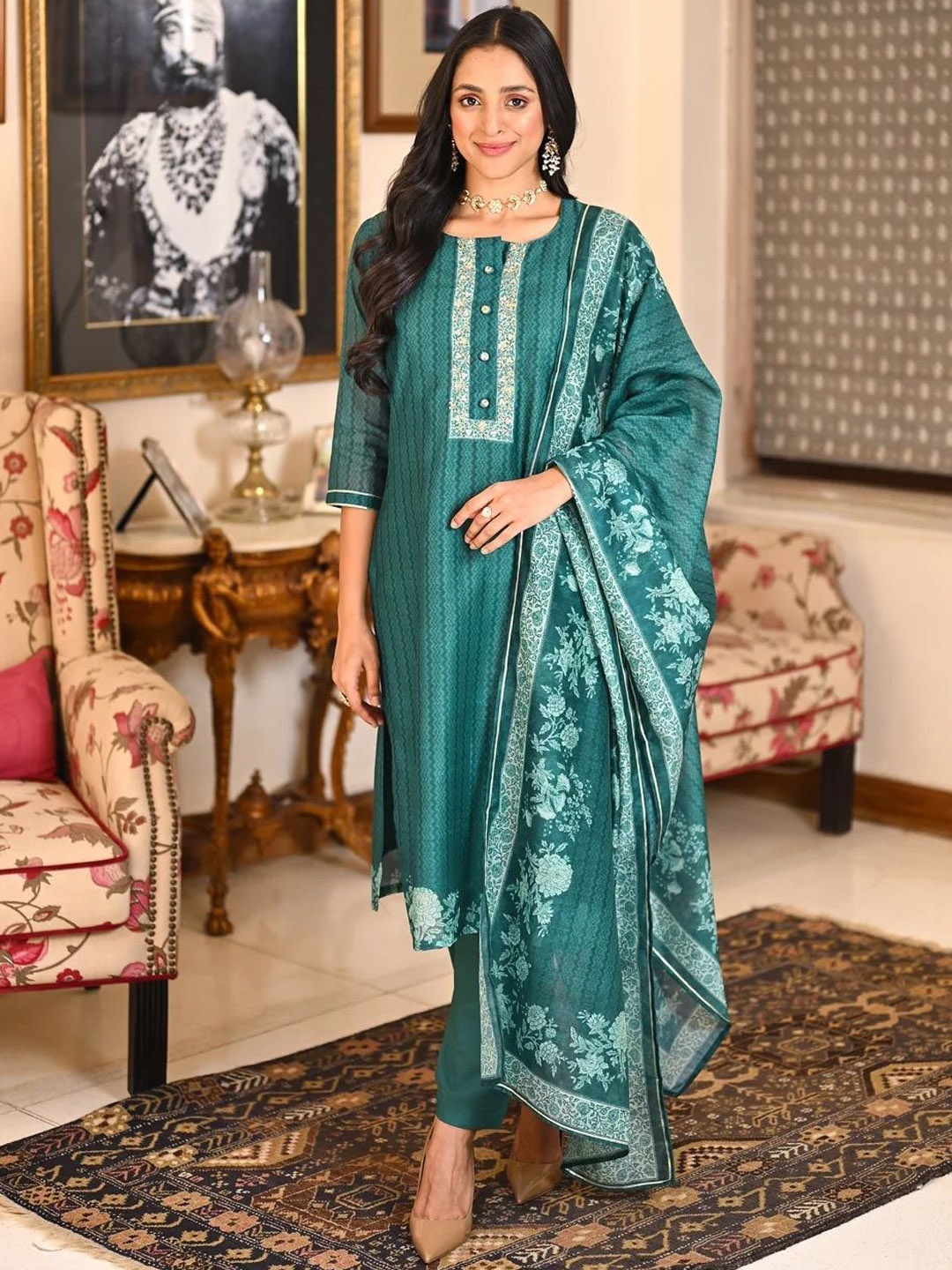 

KALINI Chevron Sequinned Printed Straight Kurta With Trouser And Dupatta, Blue