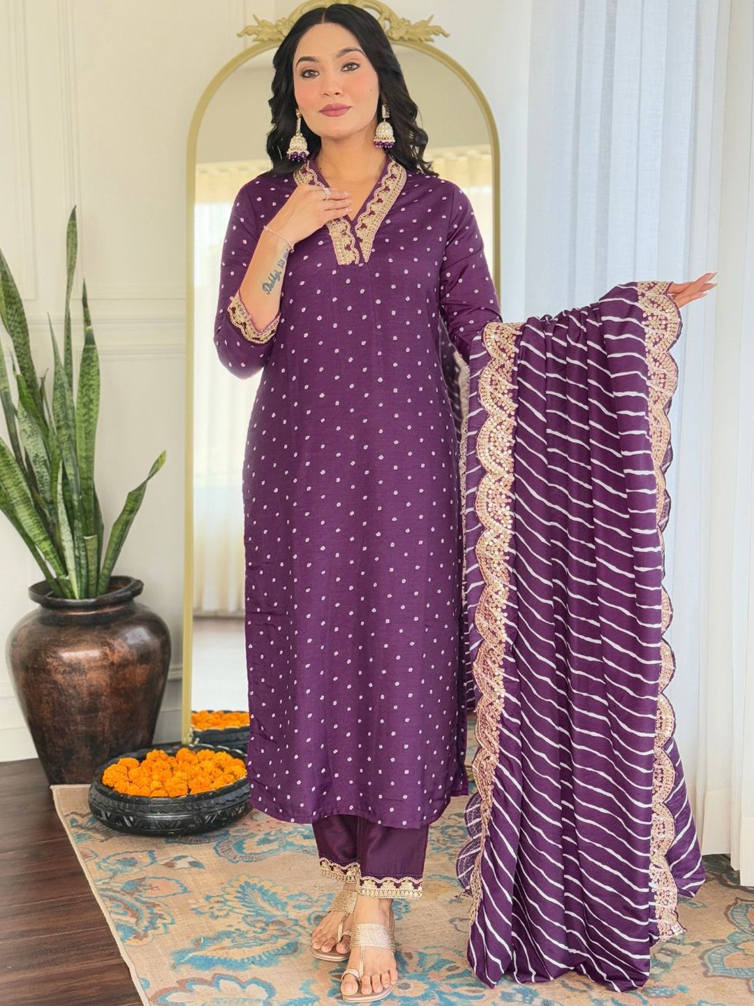 

KALINI Bandhani Sequinned Printed Straight Kurta With Trouser And Dupatta, Purple