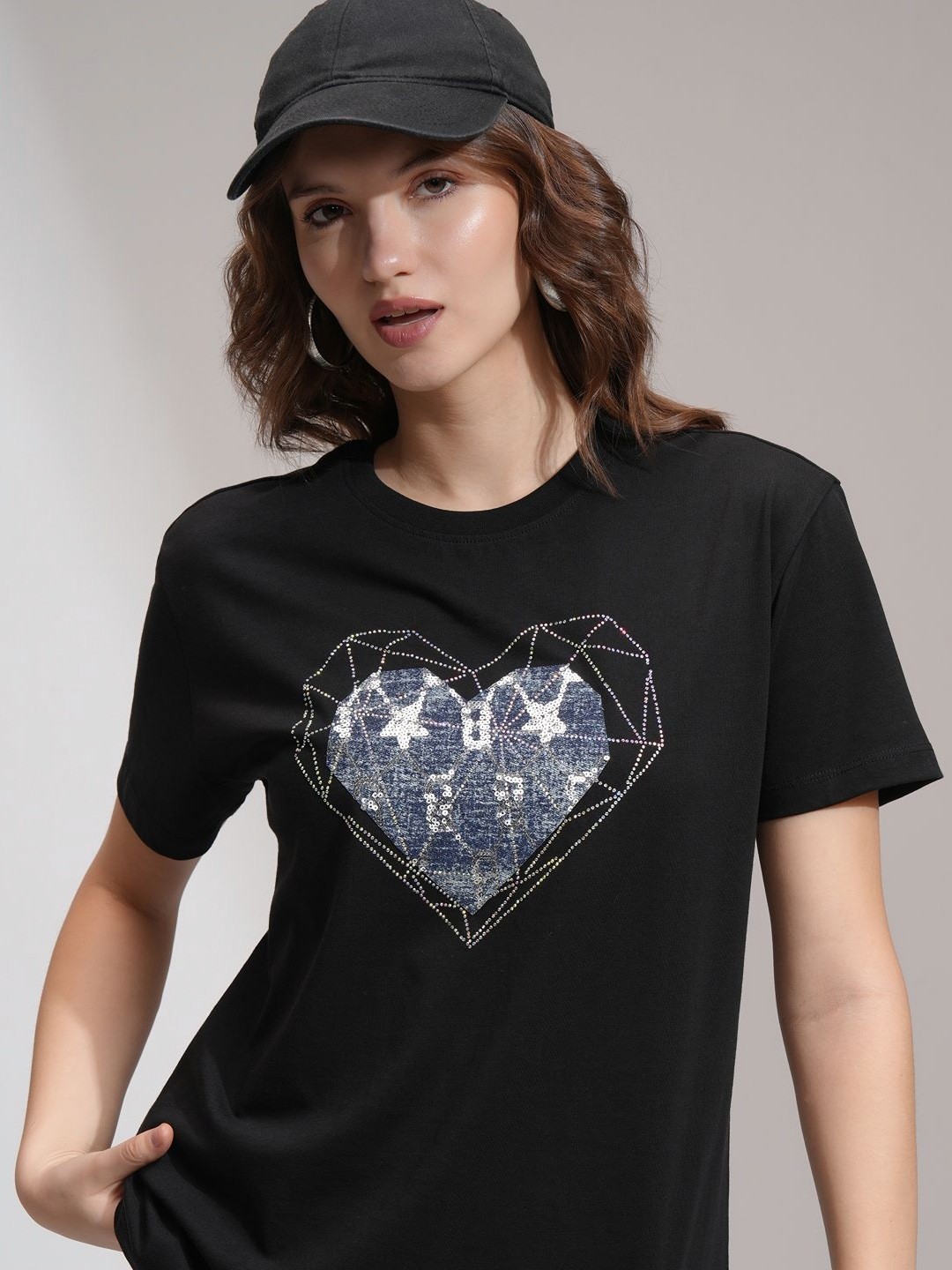 

Street By Tokyo Talkies Women Embellished Regular Fit T-Shirt, Black