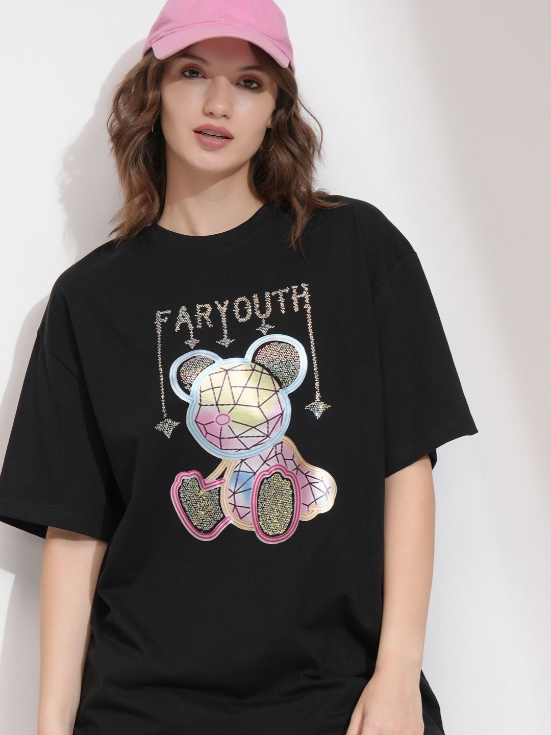 

Street By Tokyo Talkies Women Graphic Printed Round Neck Cotton Oversized T-shirt, Black