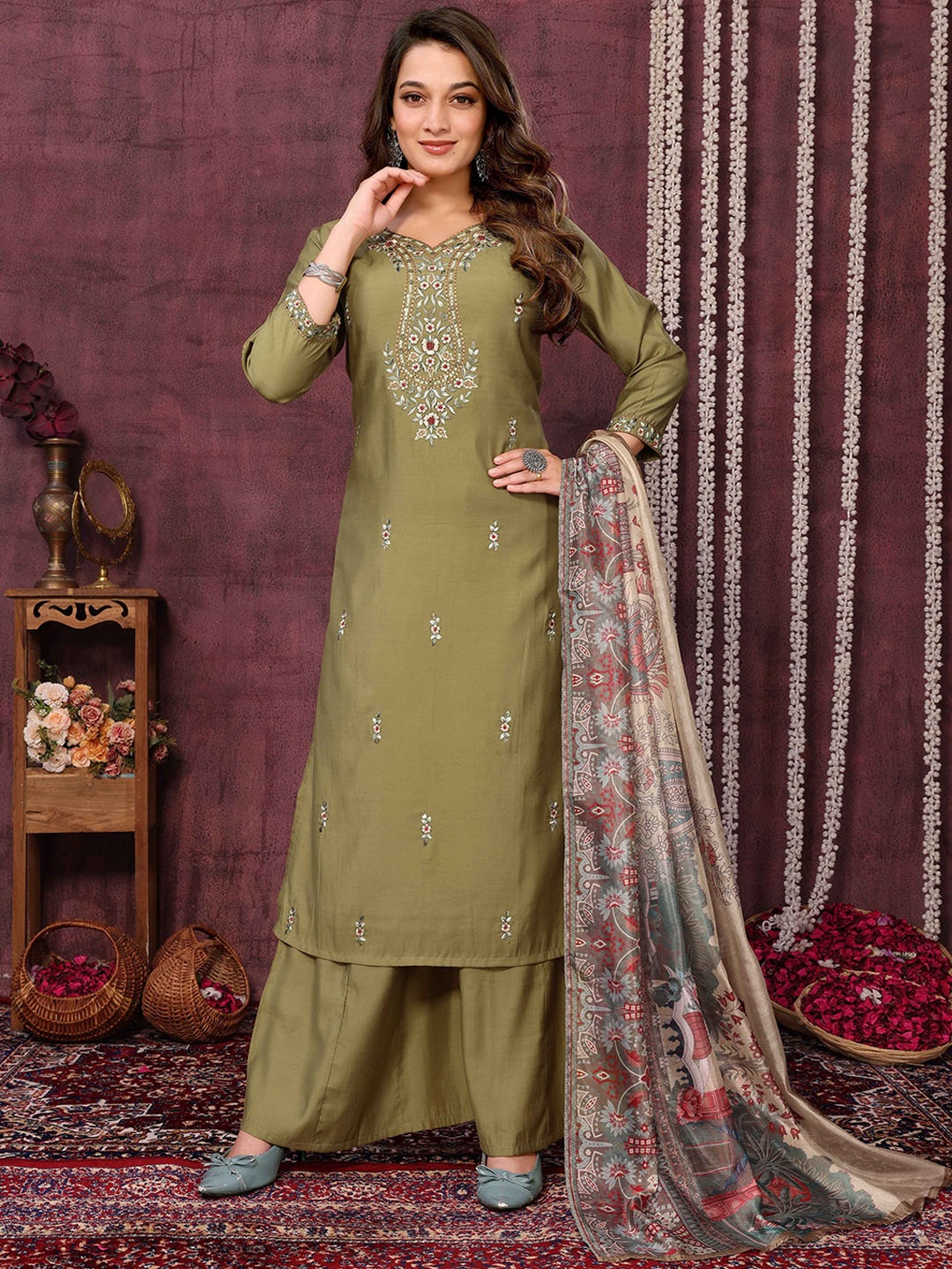

Krimmple Floral Embroidered Thread Work Cotton Straight Kurta With Palazzos And Dupatta, Olive