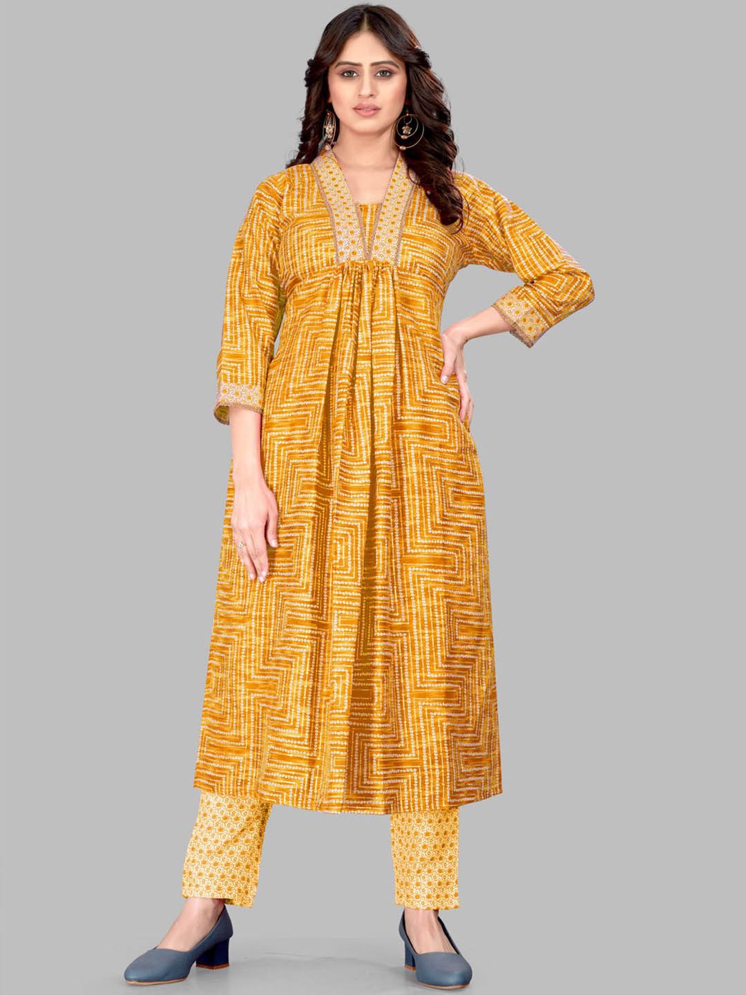 

Krimmple Geometric Printed Pleated V-Neck A-Line Kurta With Pyjamas, Yellow