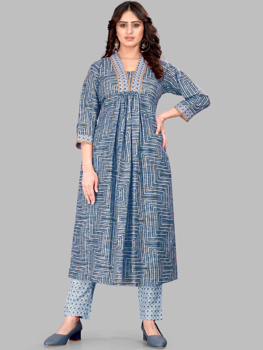 

Krimmple Geometric Printed Pleated V-Neck A-Line Kurta With Pyjamas, Blue