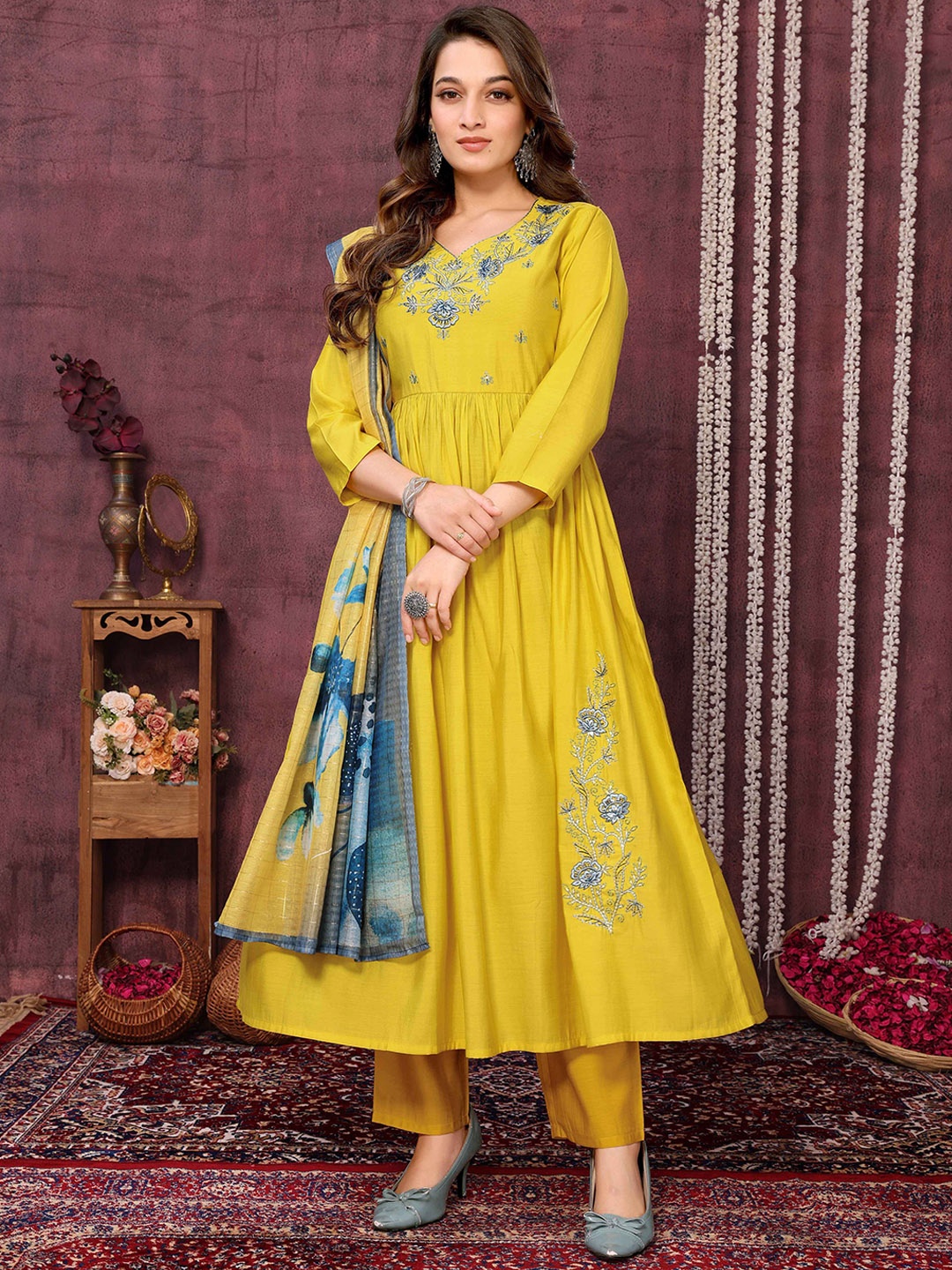 

Krimmple Floral Embroidered Thread Work Cotton Anarkali Kurta With Trousers And Dupatta, Yellow