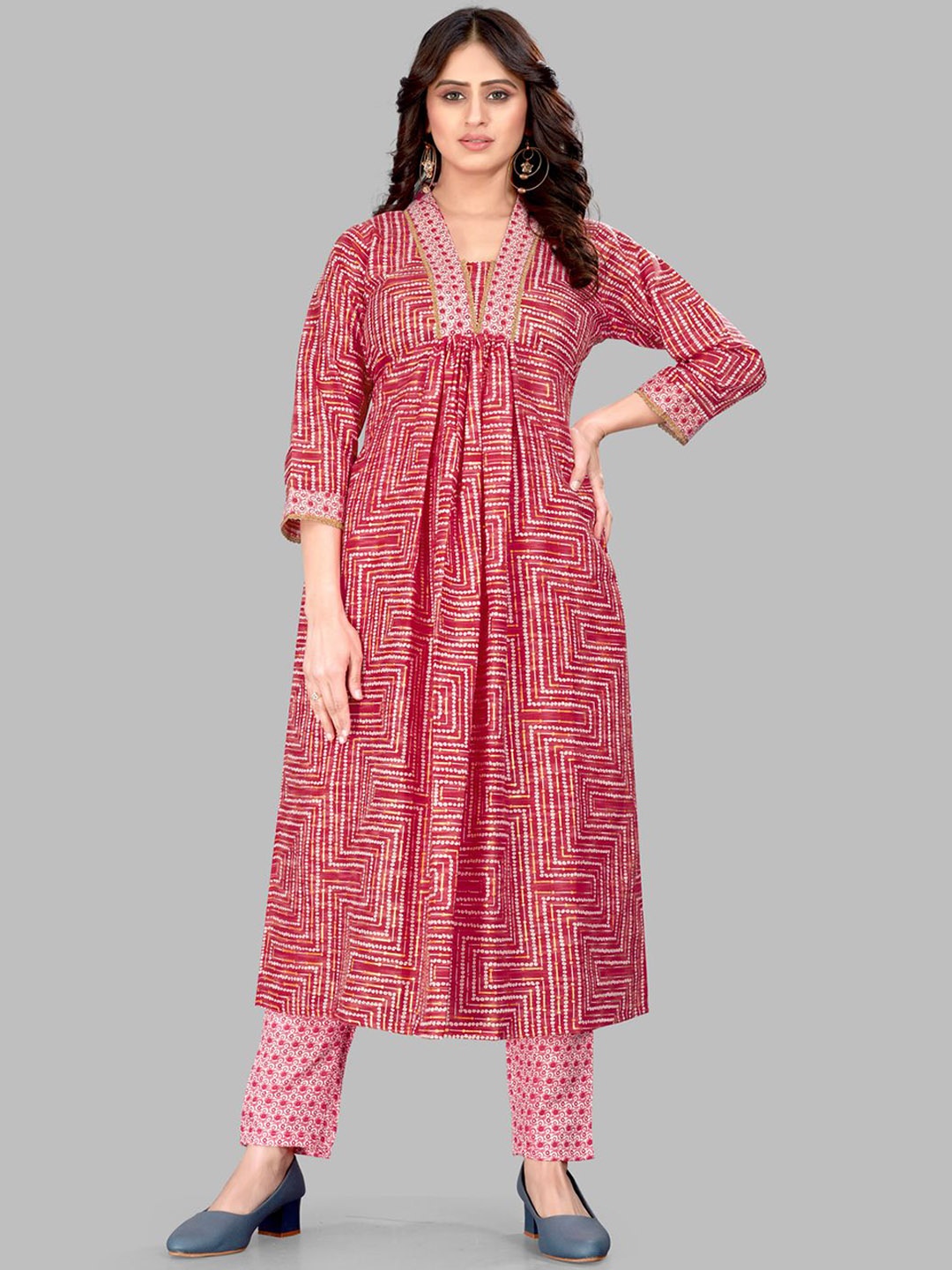 

Krimmple Geometric Printed Pleated V-Neck A-Line Kurta With Pyjamas, Red