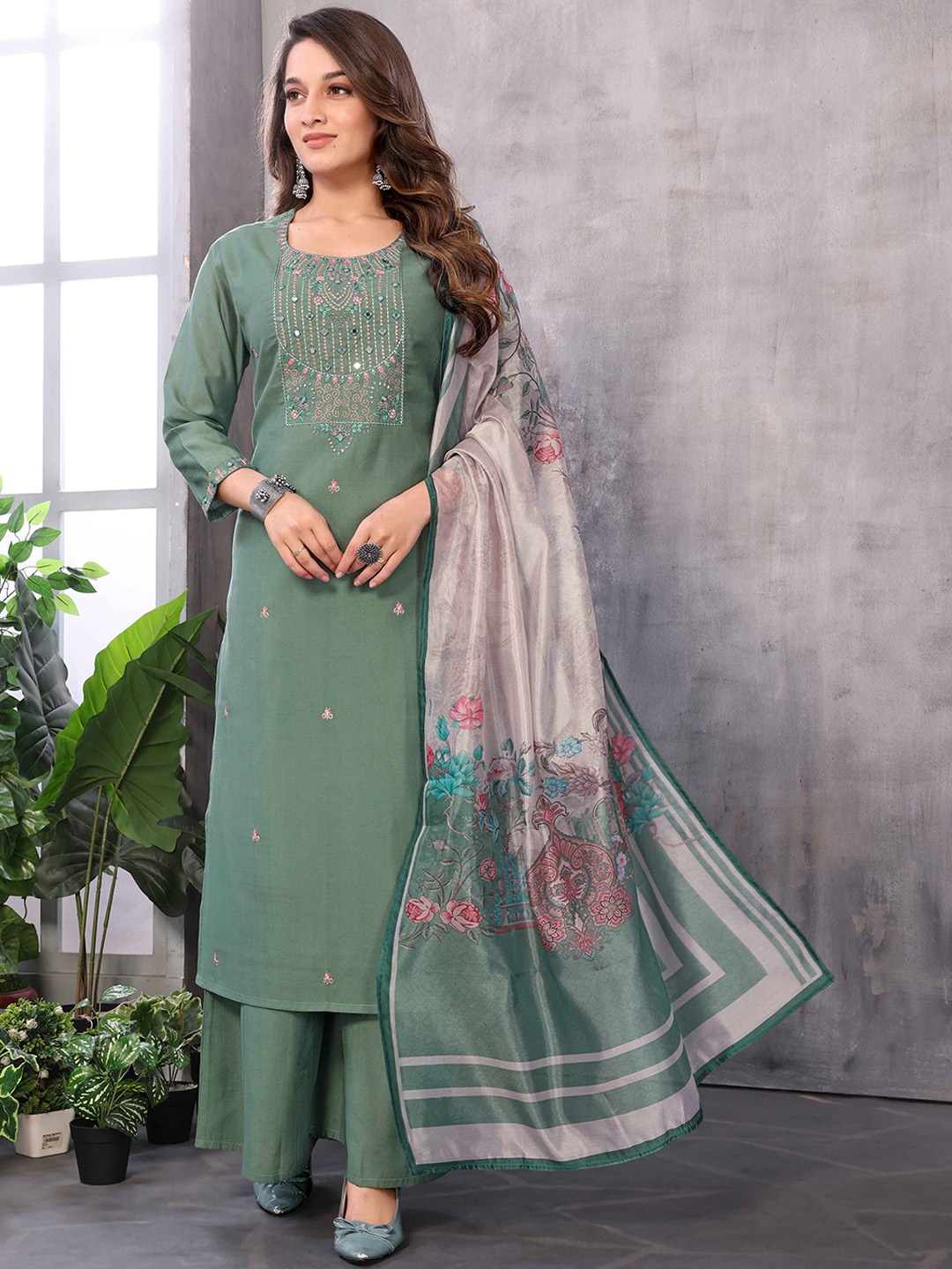 

Krimmple Floral Embroidered Mirror Work Cotton Straight Kurta With Palazzos And Dupatta, Green