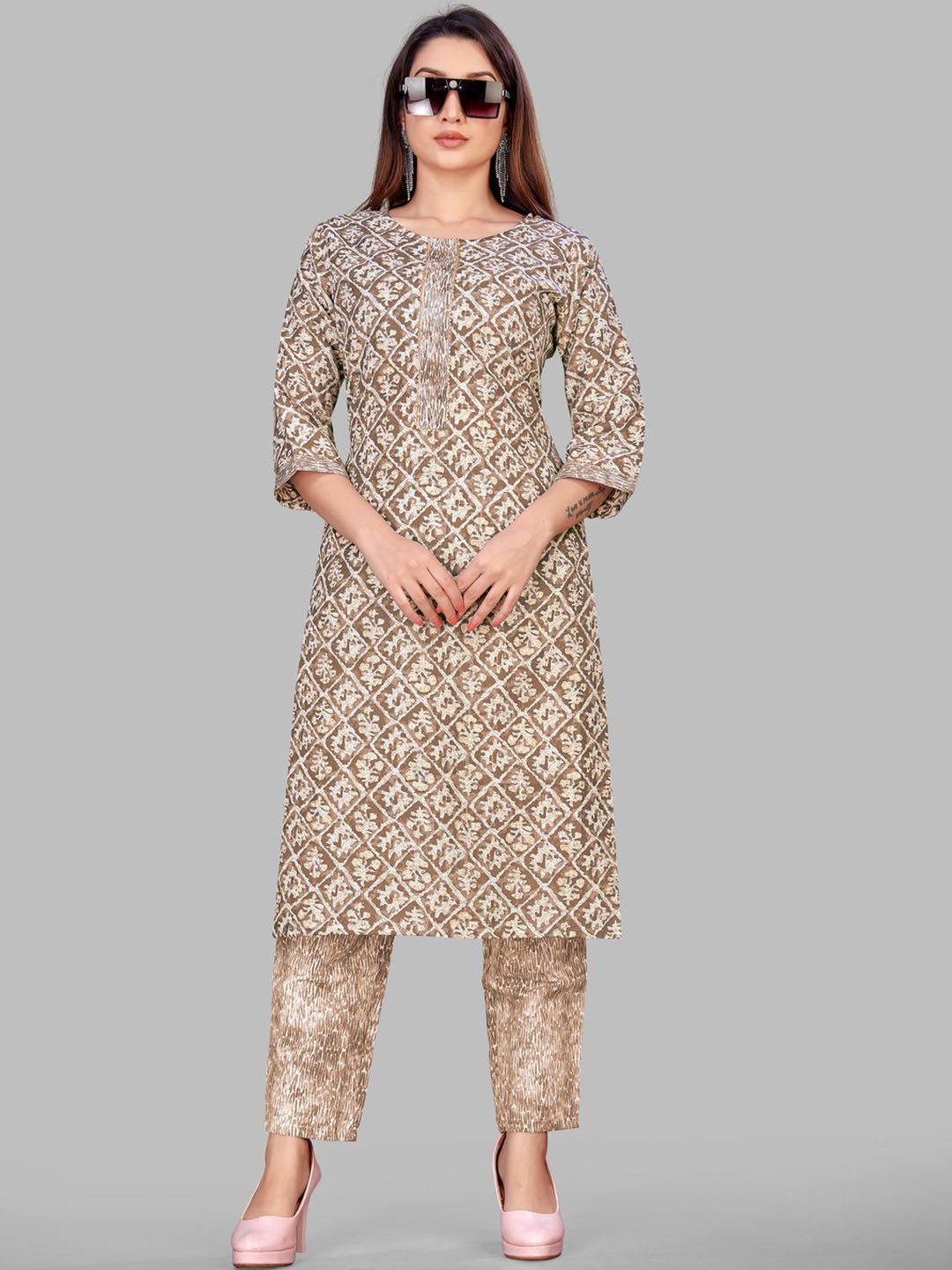 

Krimmple Ethnic Motifs Printed Gotta Patti Straight Kurta With Pyjamas, Brown