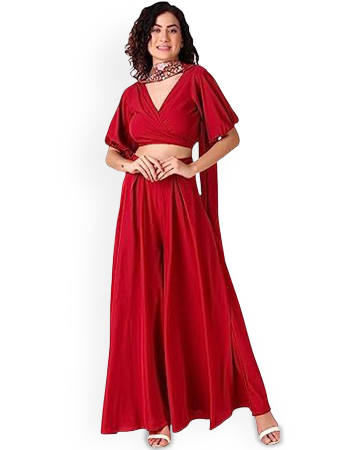 

Magnetism V-Neck Flared Sleeves Crop Top With Palazzos And Dupatta, Red