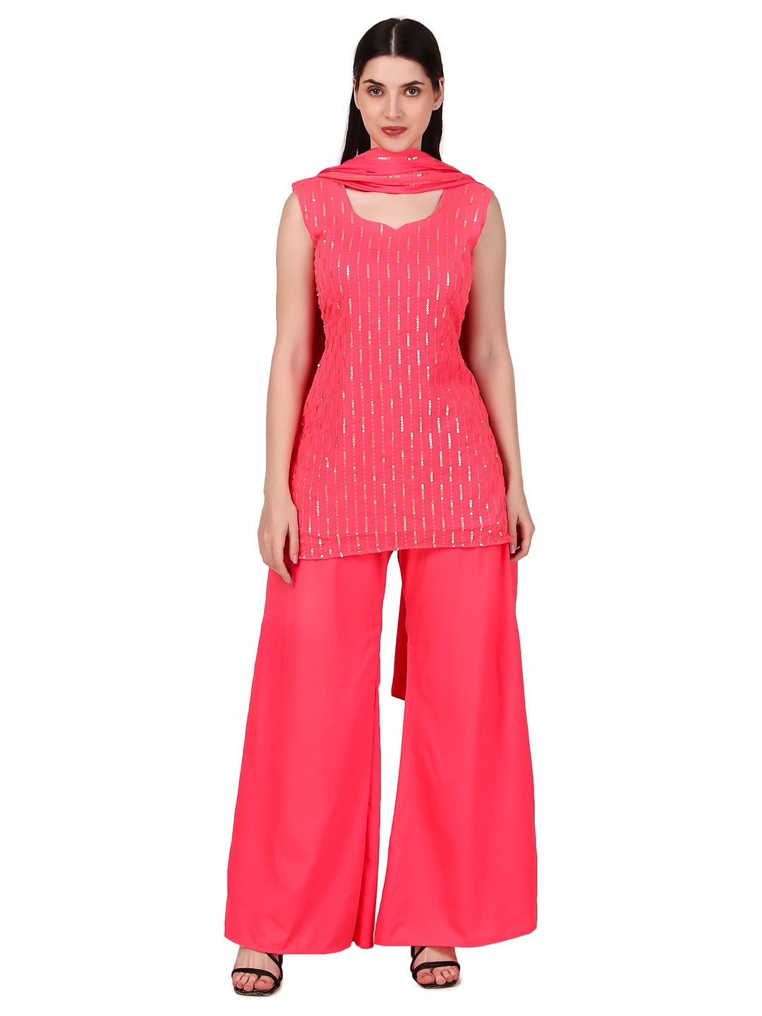 

Magnetism Sequined Work Sweetheart Neck Straight Kurta With Palazzo And Dupatta, Pink