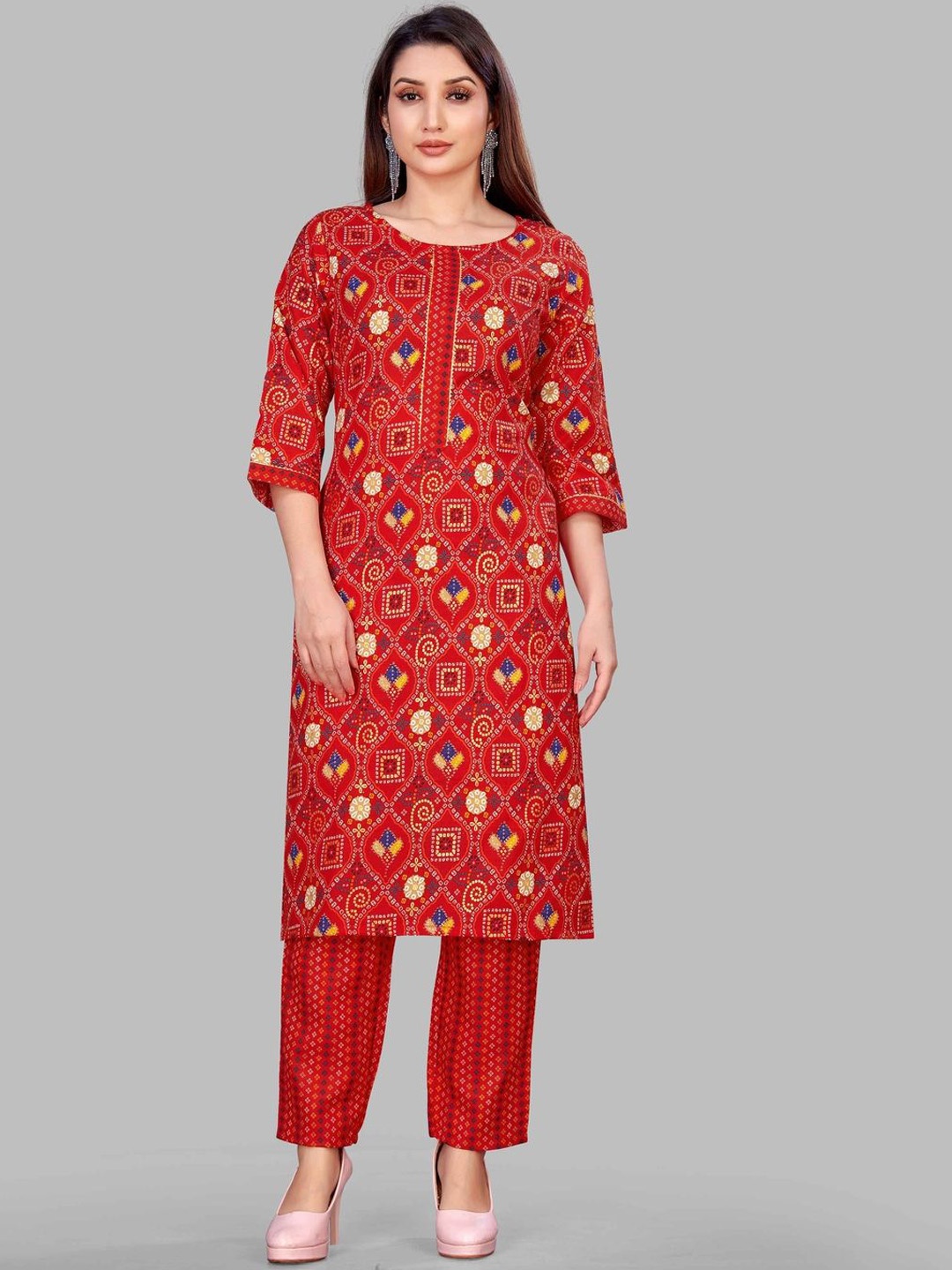 

Krimmple Bandhani Printed Round Neck Straight Kurta With Trouser, Red