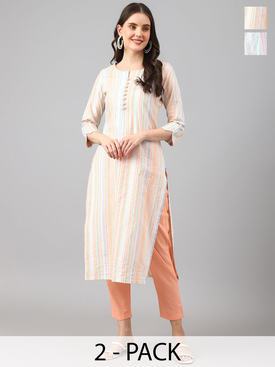 

KALINI Selection Of 2 Striped Printed Notch Neck Straight Kurtas With Trousers, Peach