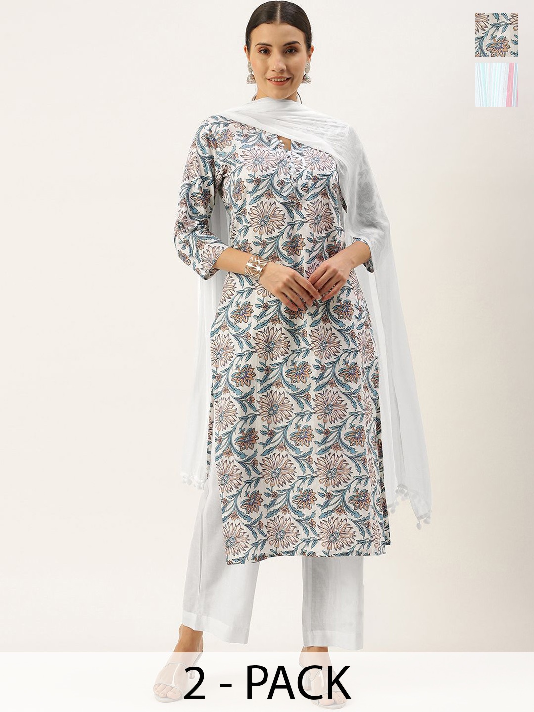 

KALINI Selection Of 2 Floral Printed Notch Neck Straight Kurtas With Trousers, White