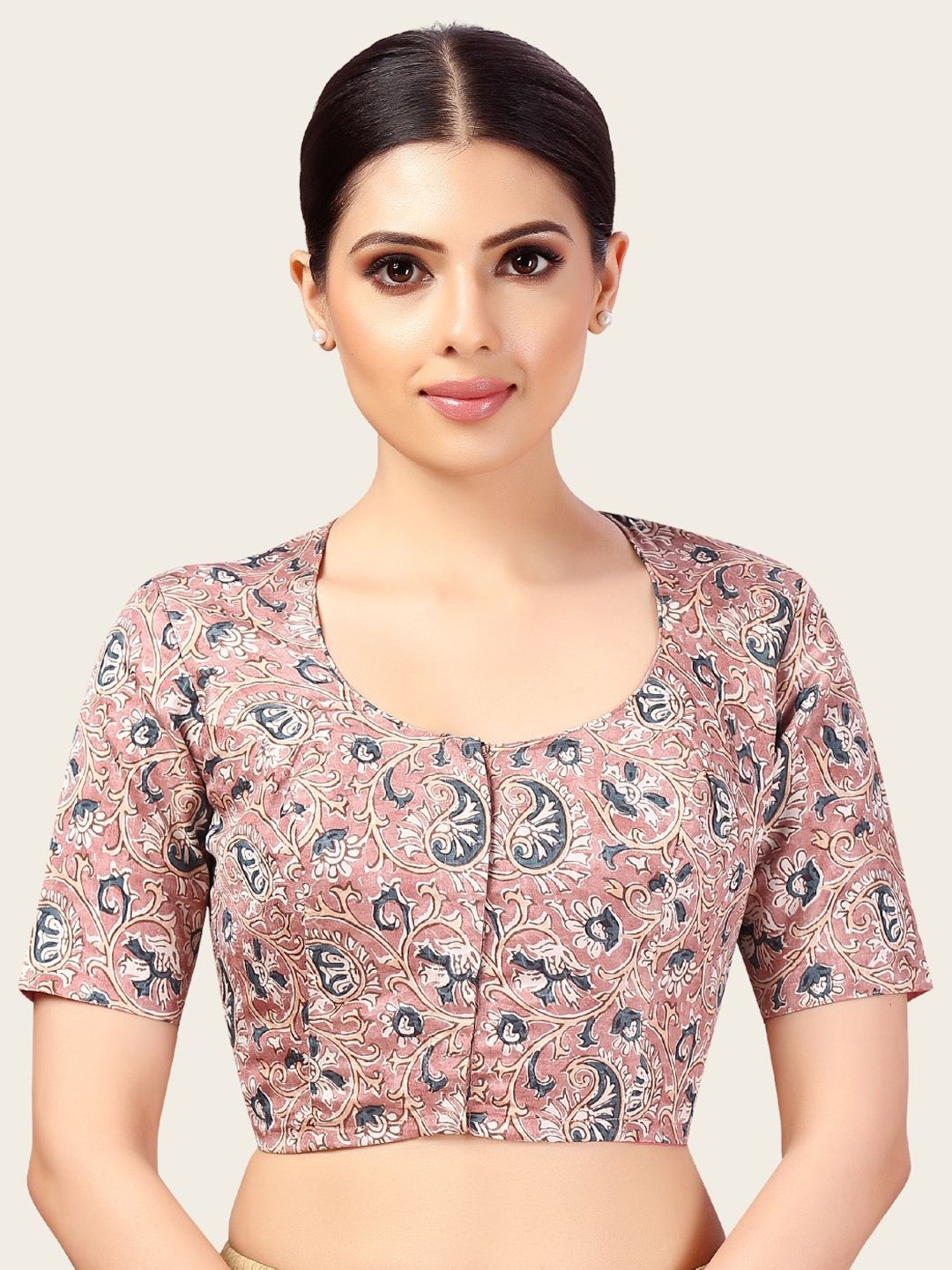 

Studio Shringaar Women Readymade Kalamkari Printed Saree Blouse, Peach