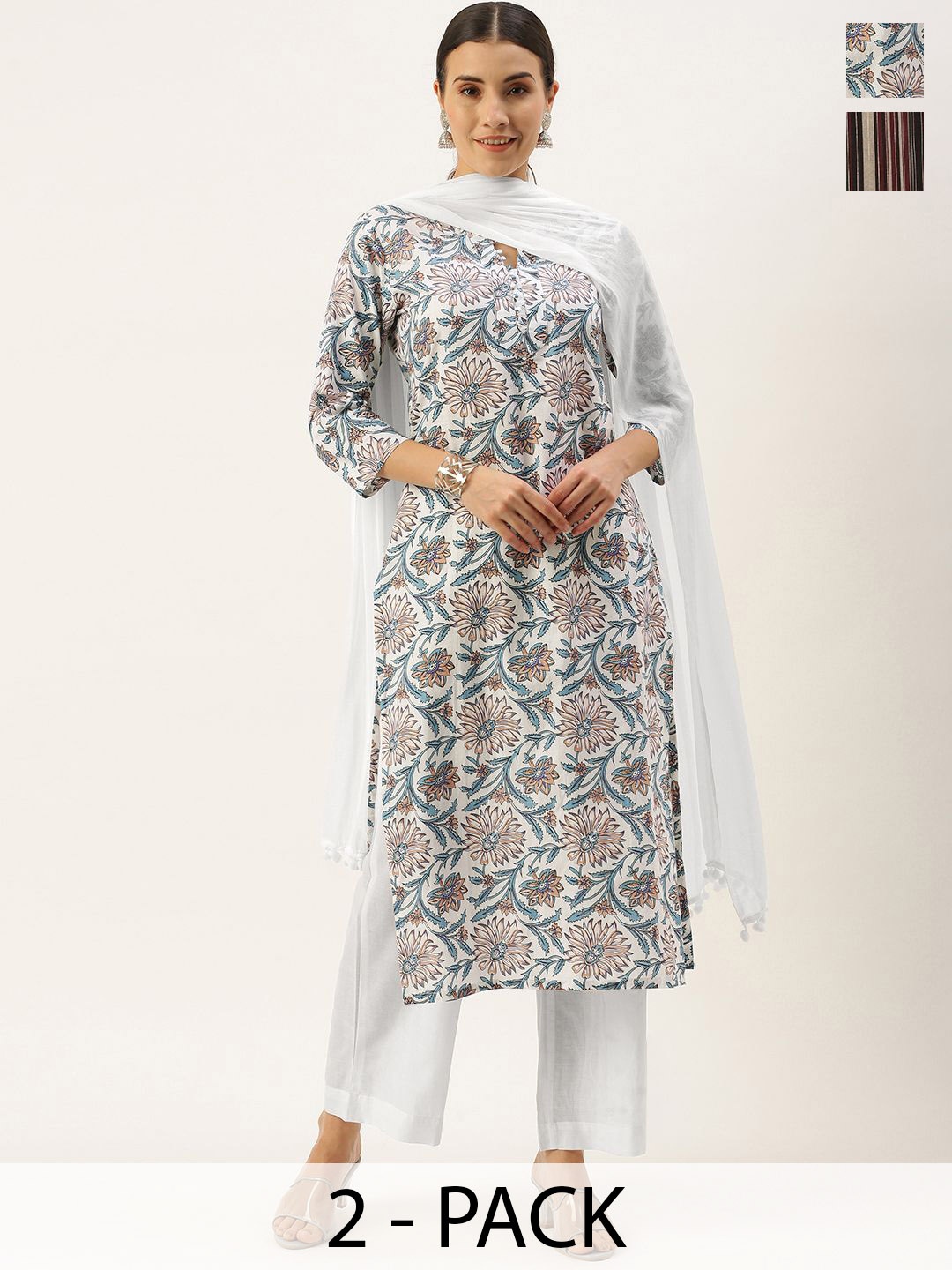

KALINI Selection Of 2 Floral Printed Notch Neck Straight Kurtas With Trousers, Off white
