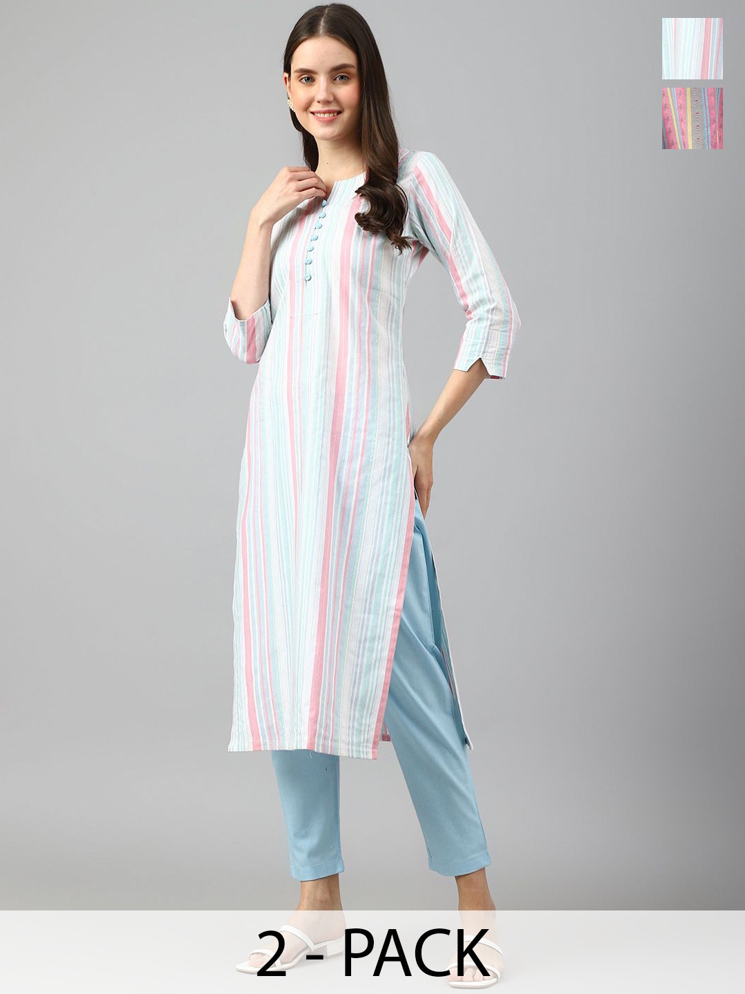 

KALINI Selection Of 2 Striped Printed Notch Neck Straight Kurtas With Trousers, Blue