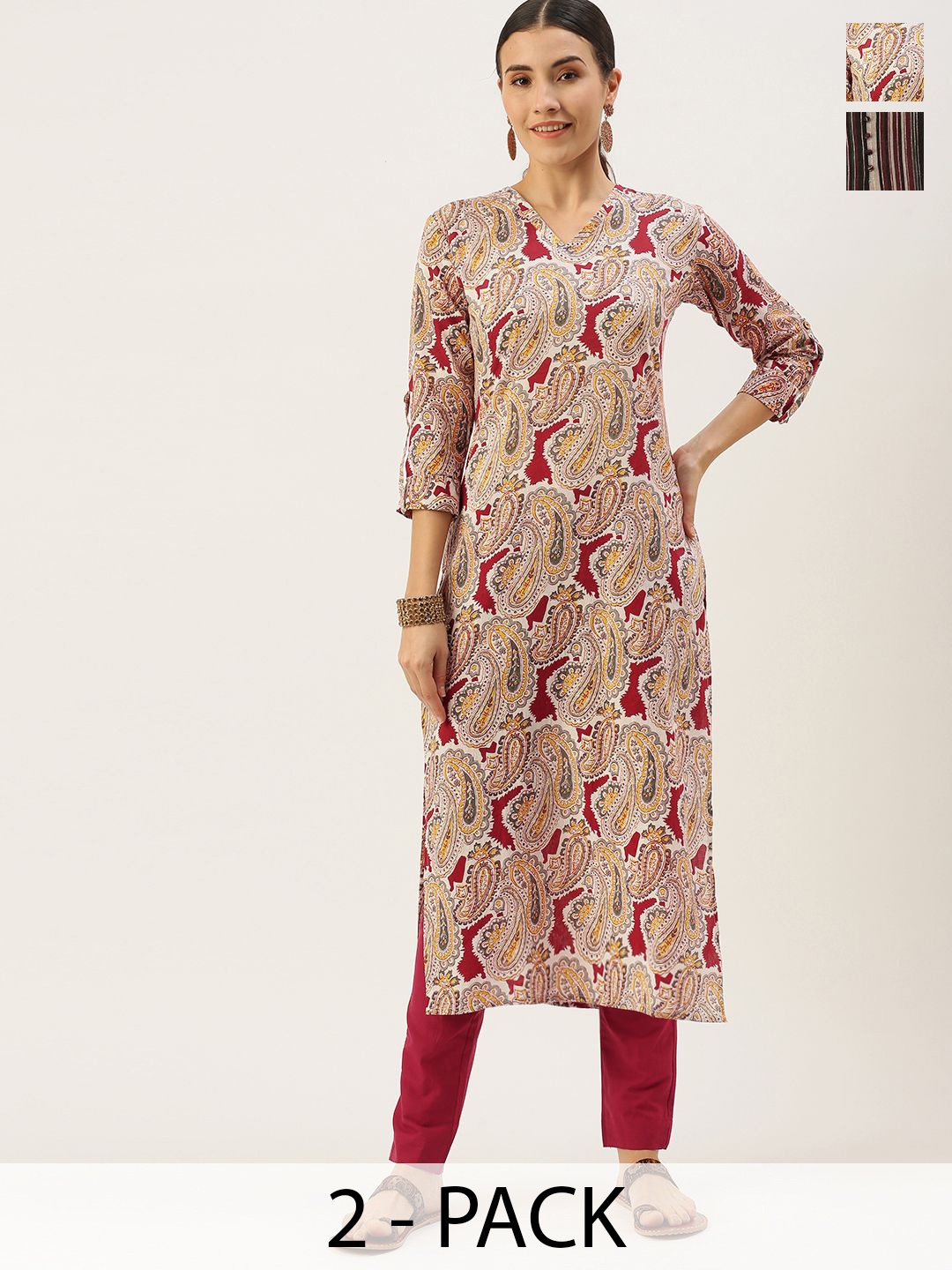 

KALINI Selection Of 2 Paisley Printed V-Neck Straight Kurtas With Trousers, Red