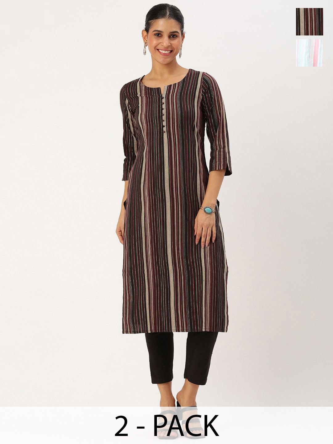 

KALINI Selection Of 2 Striped Printed Notch Neck Straight Kurtas With Trousers, Brown