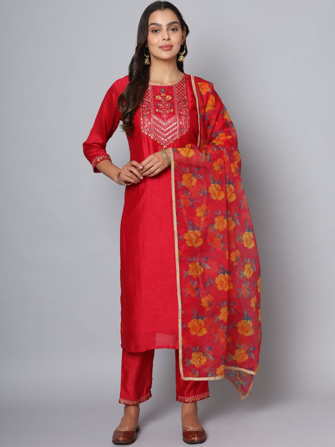 

Krimmple Sequinned Embellished Round Neck Straight Kurta with Trousers And Dupatta, Red