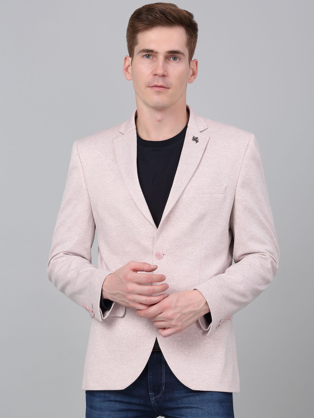 

Cantabil Self Design Notched Lapel Single Breasted Blazer, Pink