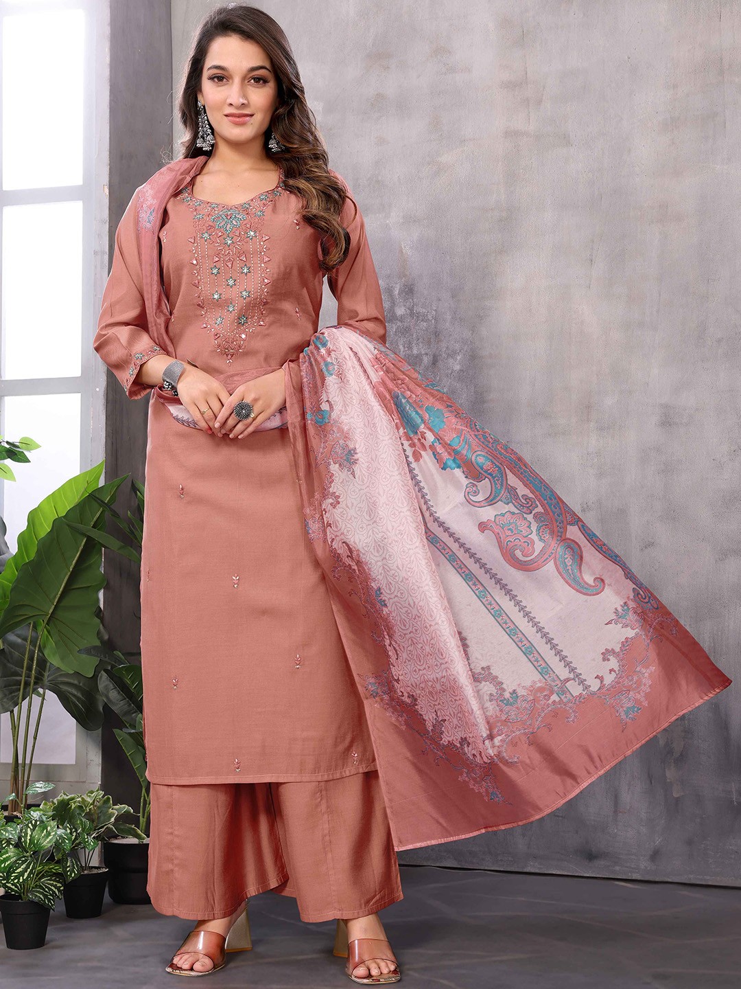 

Krimmple Floral Embroidered Thread Work Kurta with Palazzos & Dupatta, Brown