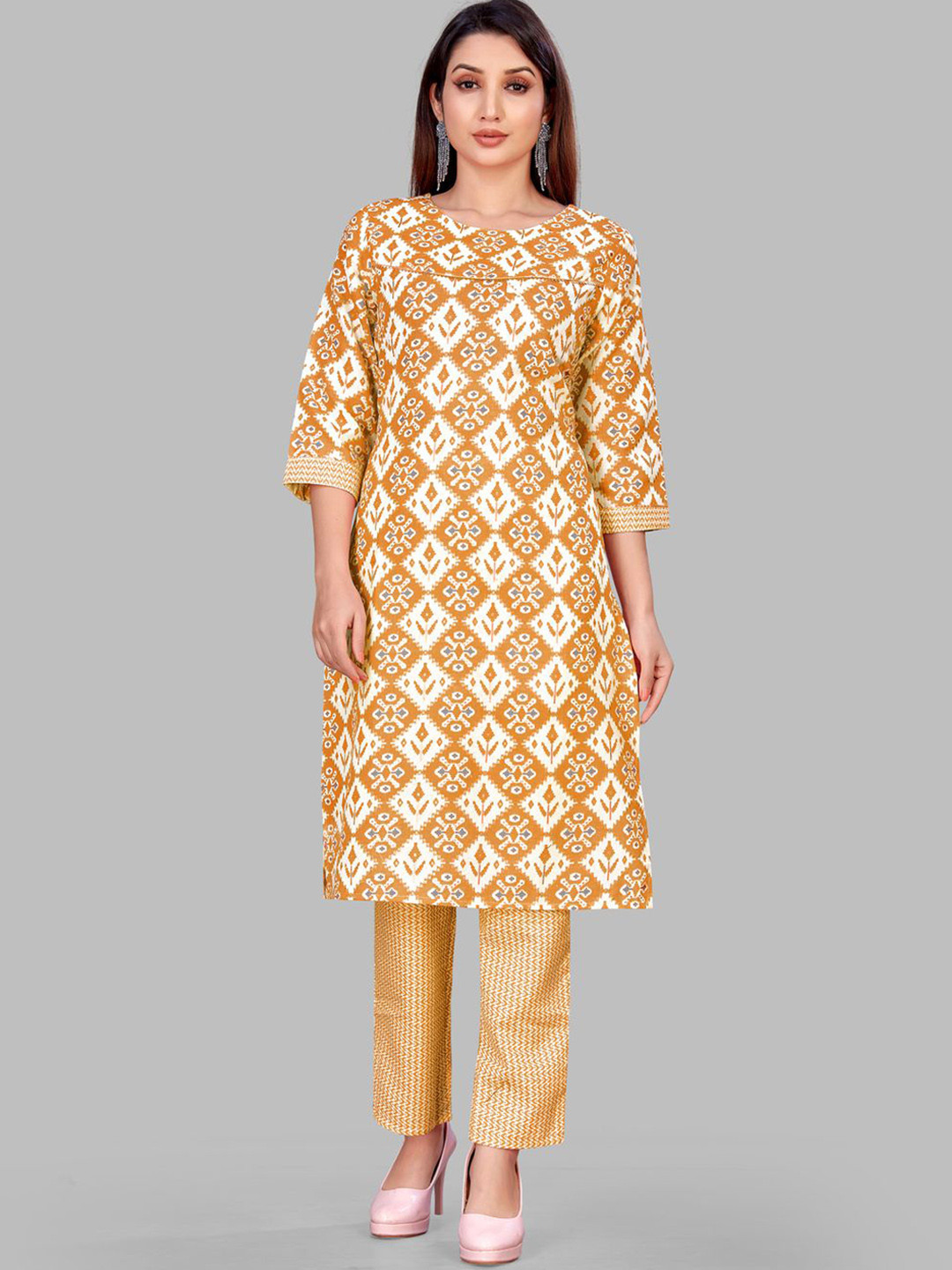 

Krimmple Ethnic Motifs Printed Round Neck Straight Kurta With Pyjama, Yellow