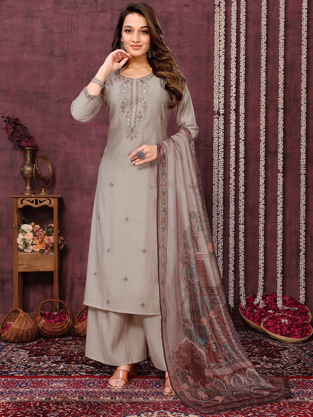 

Krimmple Floral Embroidered Organic Cotton Straight Kurta With Palazzos & Dupatta, Grey