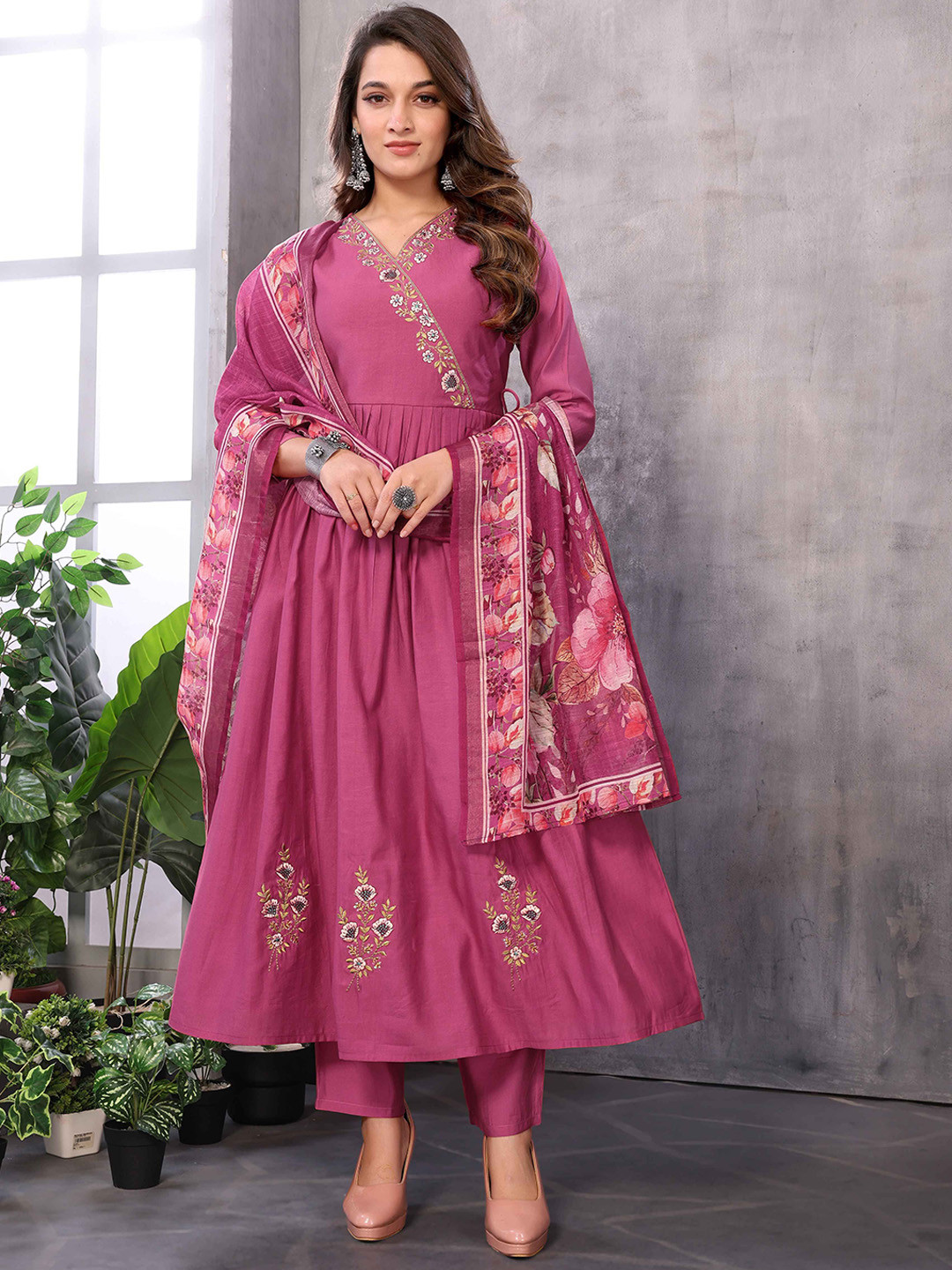 

Krimmple Floral Embroidered Sequinned Organic Cotton Anarkali Kurta With Trouser & Dupatta, Pink