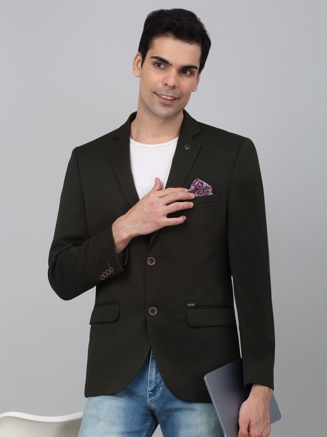 

Cantabil Self Design Notched Lapel Single Breasted Blazer, Green