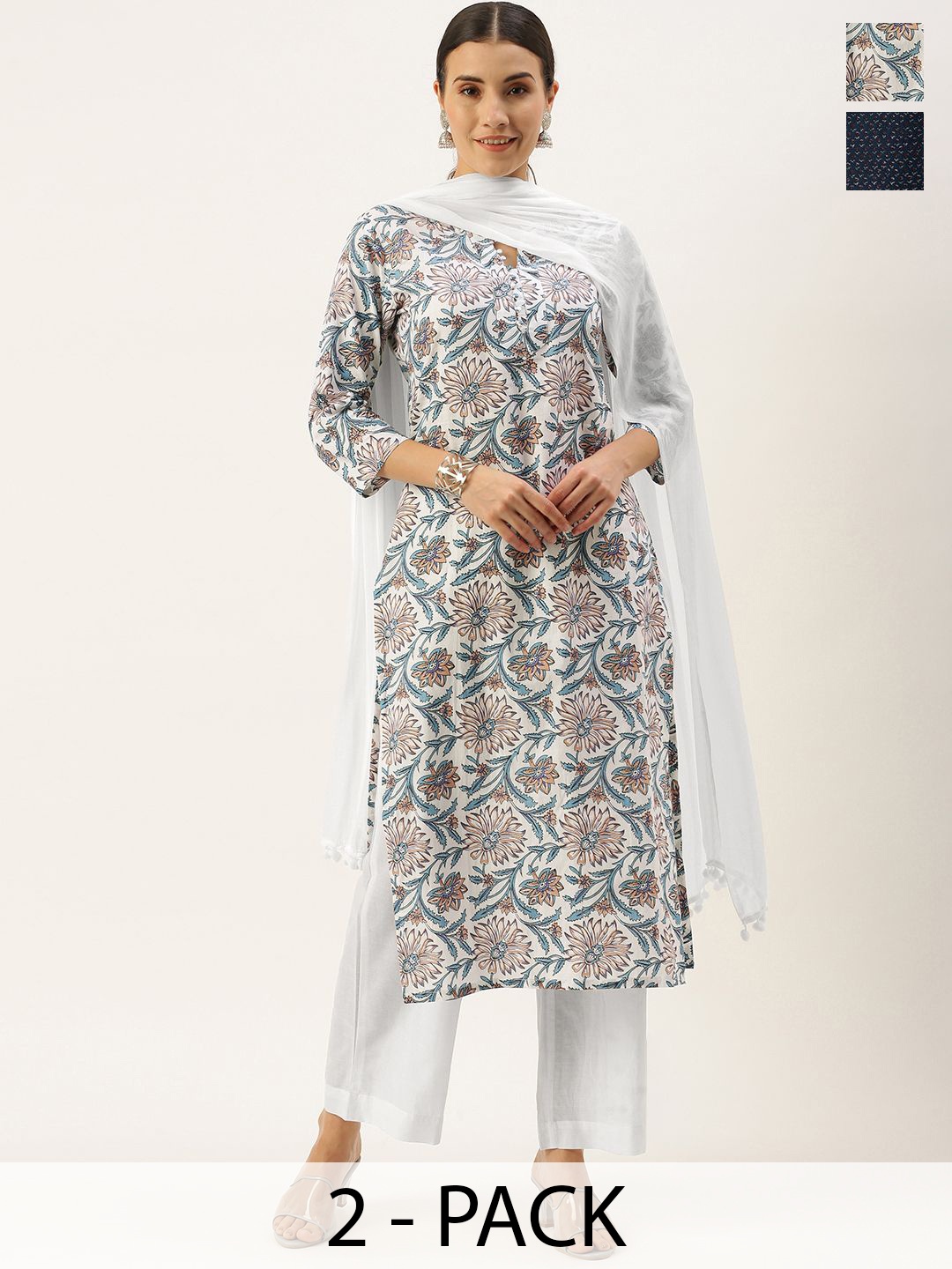 

KALINI Selection of 2 Floral Printed Kurta set, White