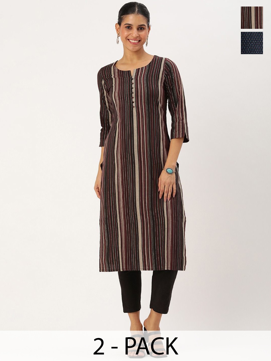 

KALINI Selection Of 2 Striped Round Neck Kurtas With Trousers, Black