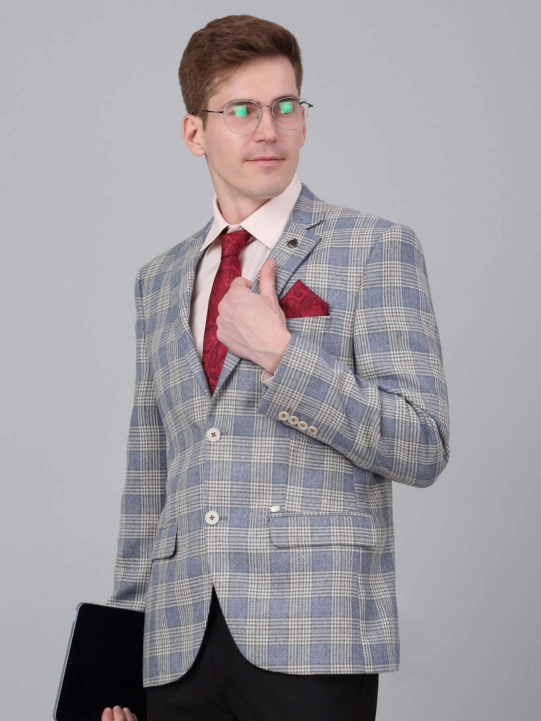 

Cantabil Checked Notched Lapel Single Breasted Blazer, Blue