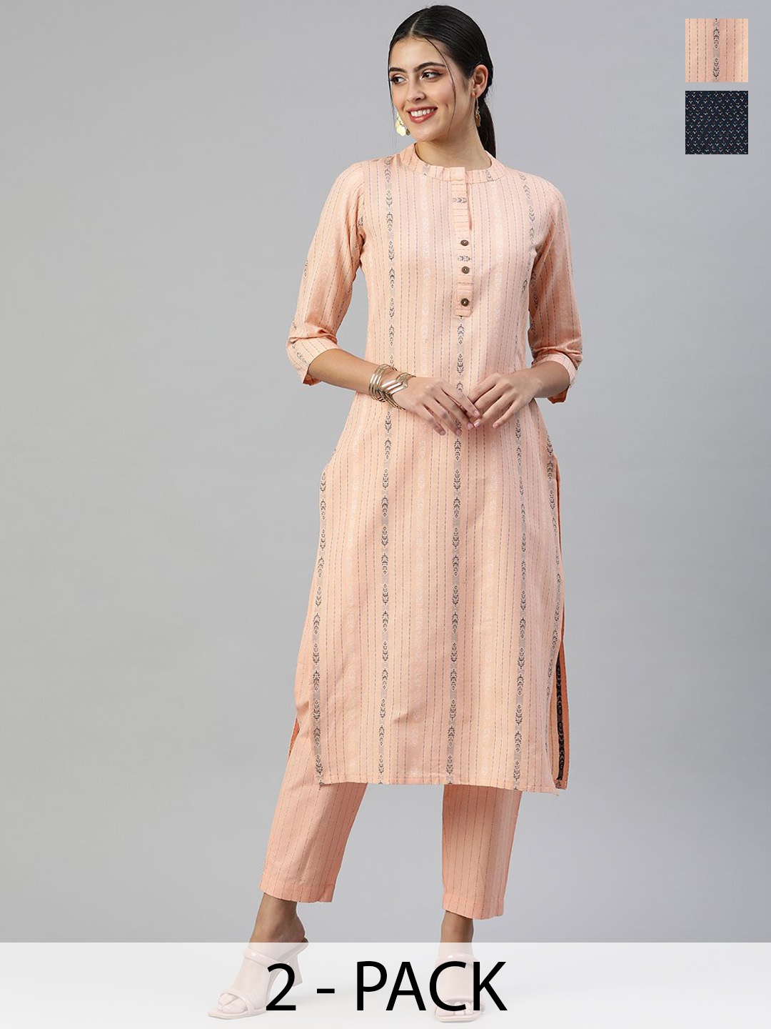 

KALINI Selection of 2 Striped Straight Kurta Set, Peach