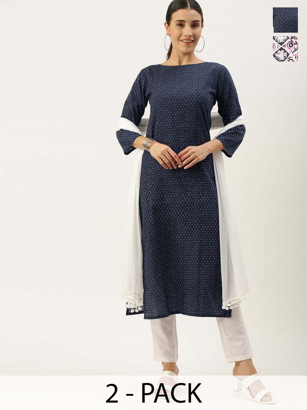

KALINI Selection of 2 Ethnic Motifs Printed Straight Kurta Set, Navy blue